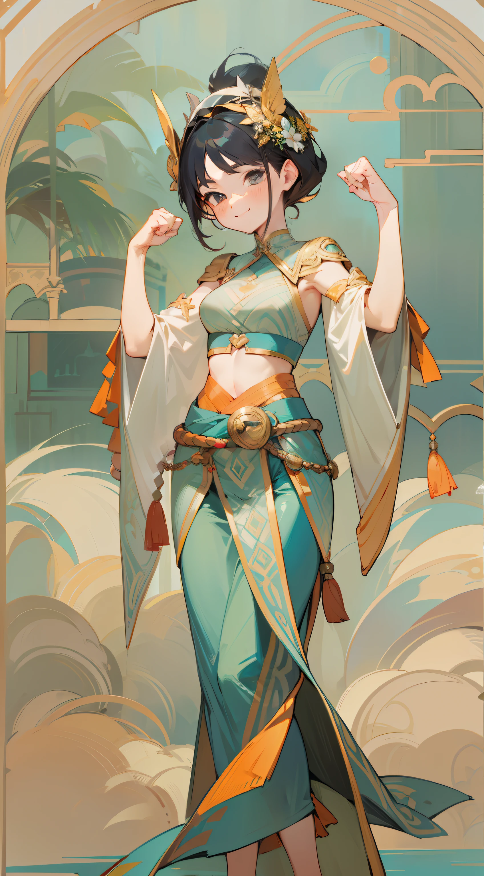 Clench your hands into fists,A hearty smile,Delicate clothing textures
