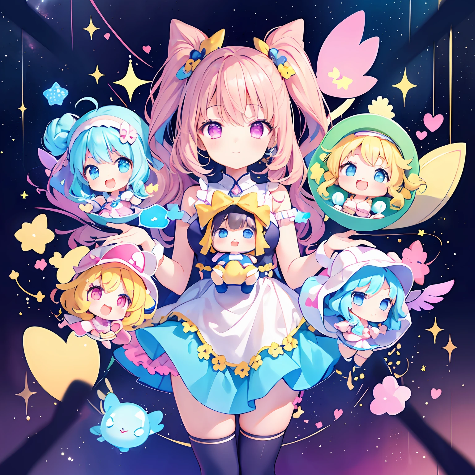 masterpiece, (2girls and 2girls and 2girls and 2girls in the space), idol, big eyes, kawaiitech, kawaii, cute, pastel colors, best quality, happy, deep background, symmetrical, tilted head, summer