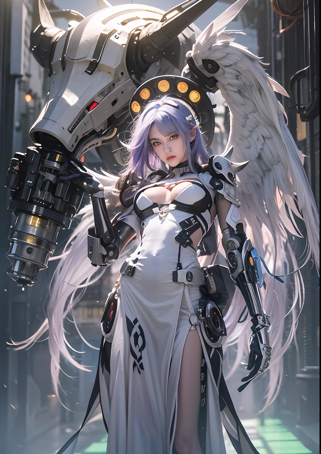 top-quality、tmasterpiece、超A high resolution、(Photorealsitic:1.4)、RAW photo、Steampunk battle robot angel、Large wing made of metal、White porcelain body、whaite hair、glowy skin、1 Cyborg Girl、((Super realistic details))、porate、globalillumination、black shadows、octan render、8K、ultrasharp、Character edge light,Colossal tits、Raw skin is exposed in cleavage、Details of complex ornaments、Acrylic transparent cover、Sumerian details、Hydraulic cylinder、small led lights、highly intricate detail、Realistic light、a purple eye、Radiant eyes、Facing the camera、neon light detail、cow boy shot、Futuristic headgear、Floor plan about the《cyber punk perssonage》、gigantic cleavage breasts,Raised ,Get wet all over your body,Pose with your hips facing you,cleavage