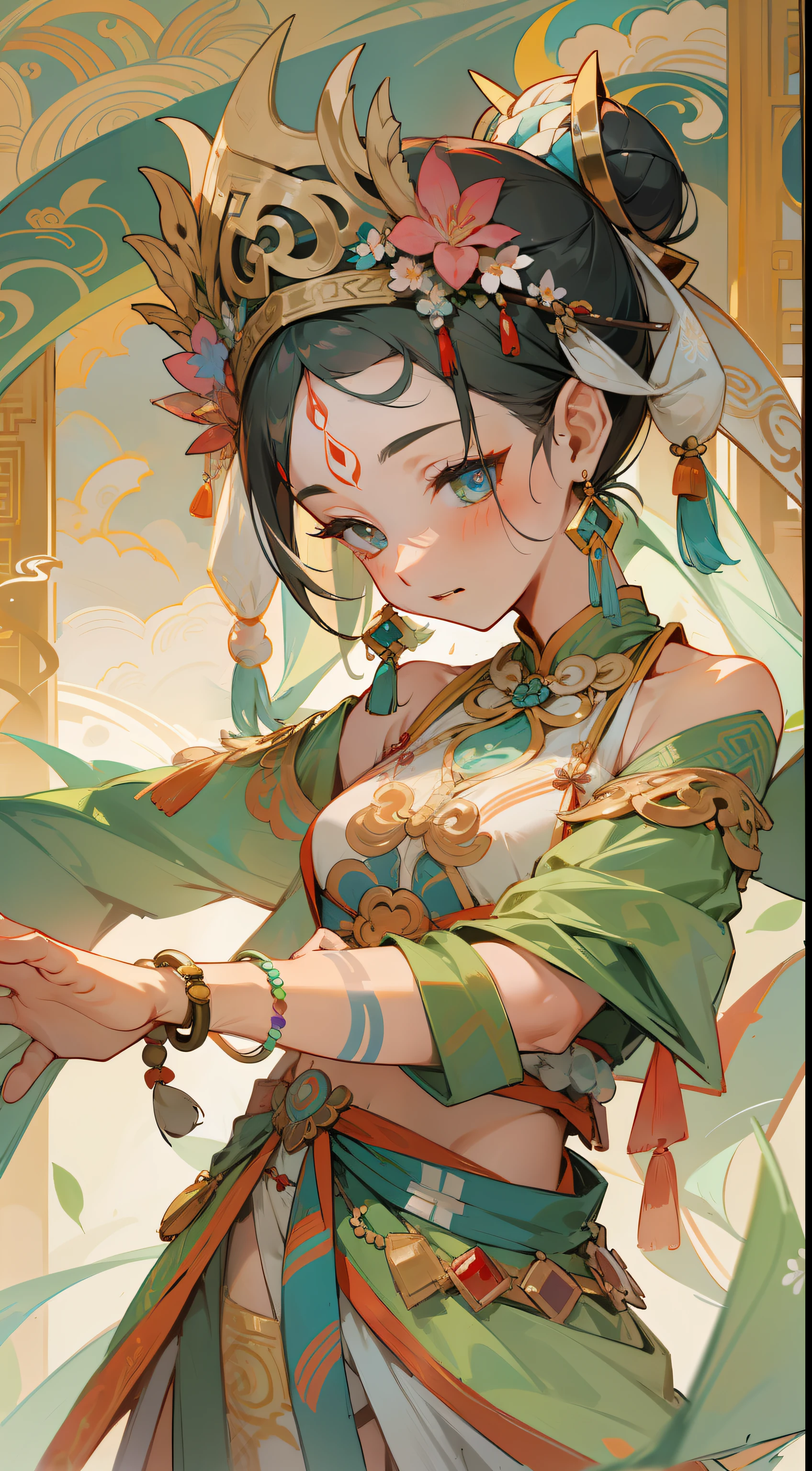 An ancient Chinese beauty, dancing, gorgeous costumes embroidered with complex embroidery, transparent long colored streamers tied on her arms, elegant, exposed belly button, bare shoulders, exposed neck, wreath, black hair bun and flower hairpin headband, Armbands are tied with ribbons, bracelets, anklets, metal chain tassels around the waist, Mogao Grottoes art, inspiration from Dunhuang Flying Apsaras murals, ink wash, cgstation pop --v 6