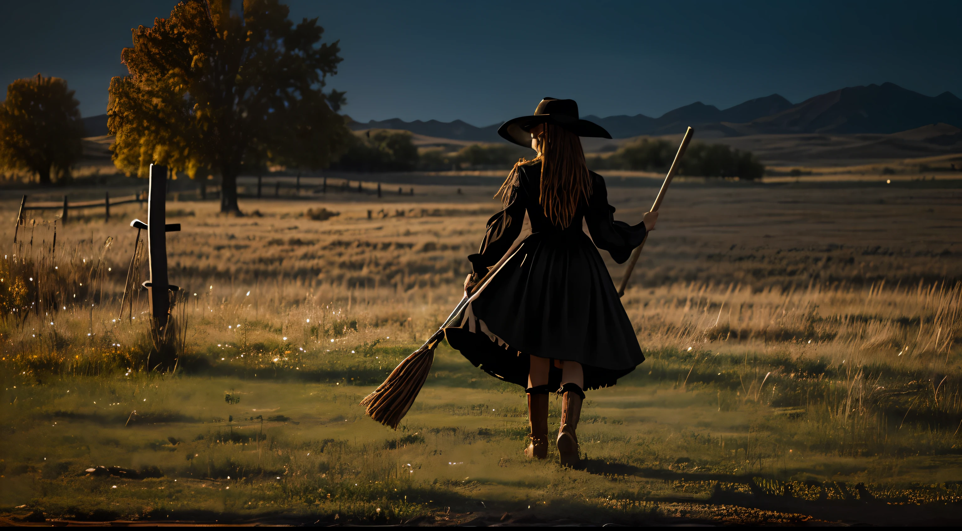 There is a young girl wearing a witch's costume and holding a broom,beautiful cowboy witch,revcowgirl,Full body background of young witch,COW GIRL,western cowgirl,Dress up as a western sheriff,in a halloween style,broom,Full body background of young witch,With black braids,Witch Girl,wearing straw hat,Willow Smith is young,photoshoot