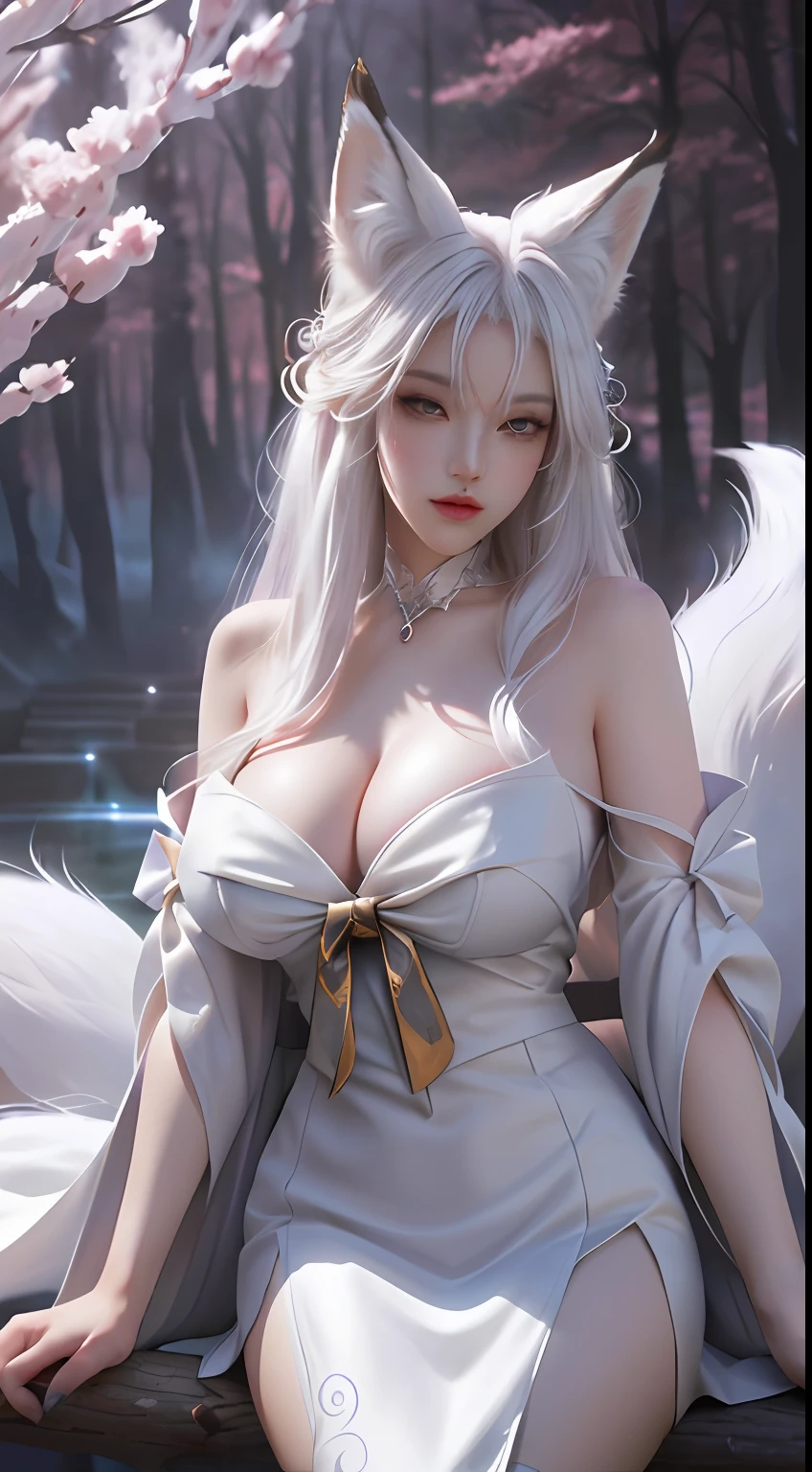 (Fox ears white hair girl，full bodyesbian)，(Painting of a fox with white hair sitting on a branch，ethereal fox，nine tail fox，Fox nine-tailed fox)，Onmyoji detailed art，(Nine tails)，A beautiful artwork illustration，mythological creatures，red fox，Combat posture，Beautiful digital artwork，Exquisite digital illustration，mizutsune , Inspired by the mythical creature wildnet，Digital art on Pixiv，strong lights，hight contrast，Horror movie theme，Dark atmosphere，gigantic cleavage breasts，Raised ，Get wet all over your body，Pose with your hips facing you，cleavage