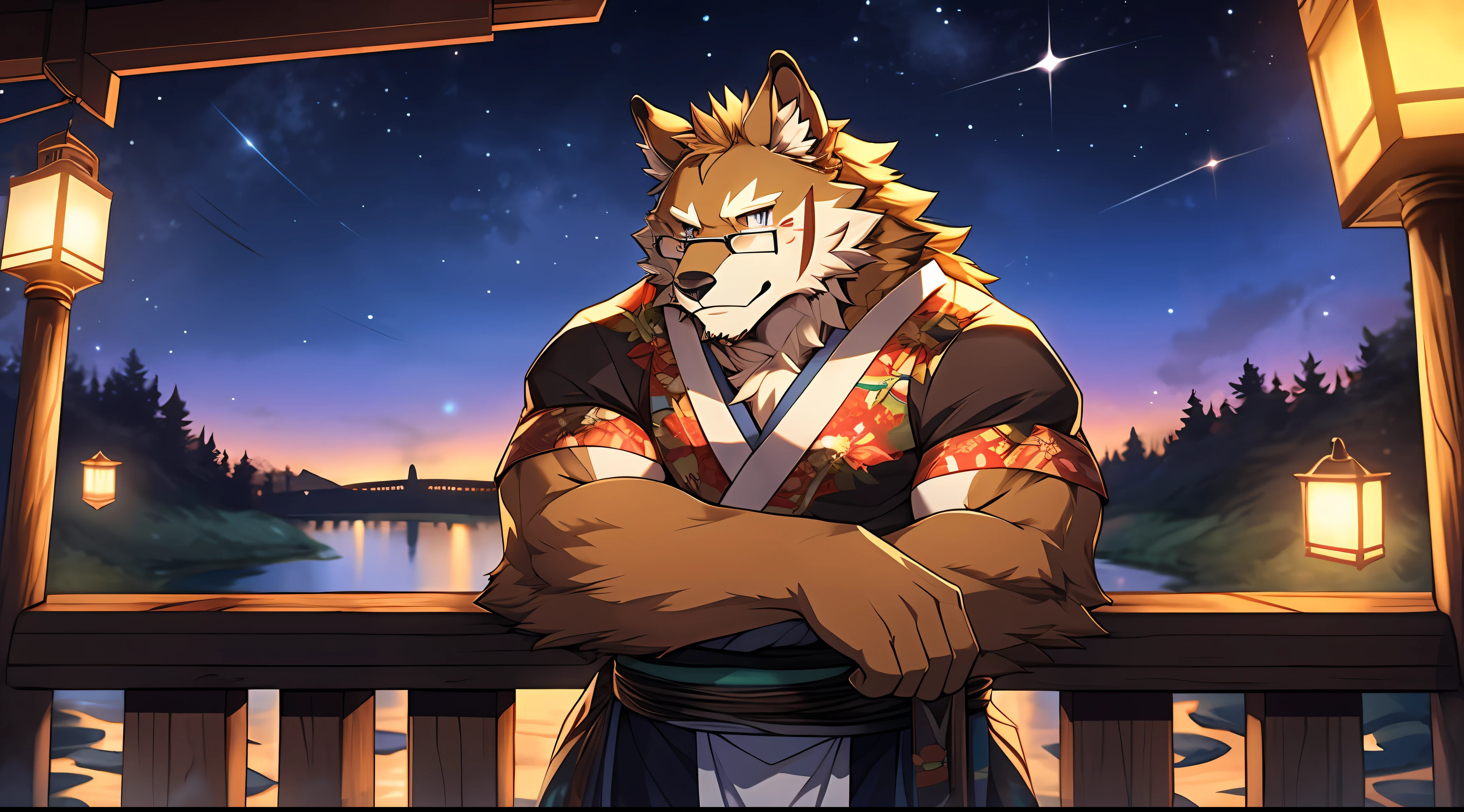（A golden werewolf with golden fur and glasses stands on a city street under the stars at night：1.2），（male people），Azure pupils，Look at the river of stars in the distance，the corners of your mouth rise slightly，He wears blue ancient Japanese clothing，is an astrologer，He is very fond of astrology，Has a deep love for the stars，He has several dark red stripes on his cheeks，extremy detailed，detailedbackground，Extremely beautiful starry sky background extremely detailed，starrysky，由Null-Ghost:0.7 brought，Handsome，sbeard ，natta， Lanterns， Festive atmosphere， Outdoor activities， （depth of fields）， Beautiful and beautiful，komono，white sash，Cherry blossom leaves，tmasterpiece，VerydetailedCG，（Wear glasses），Correct end-of-line construction，Leaning against the railing，correct hand，Extend your right hand forward，Strong，White loincloth，Middle age，A majestic，Savage，self-assured，strong