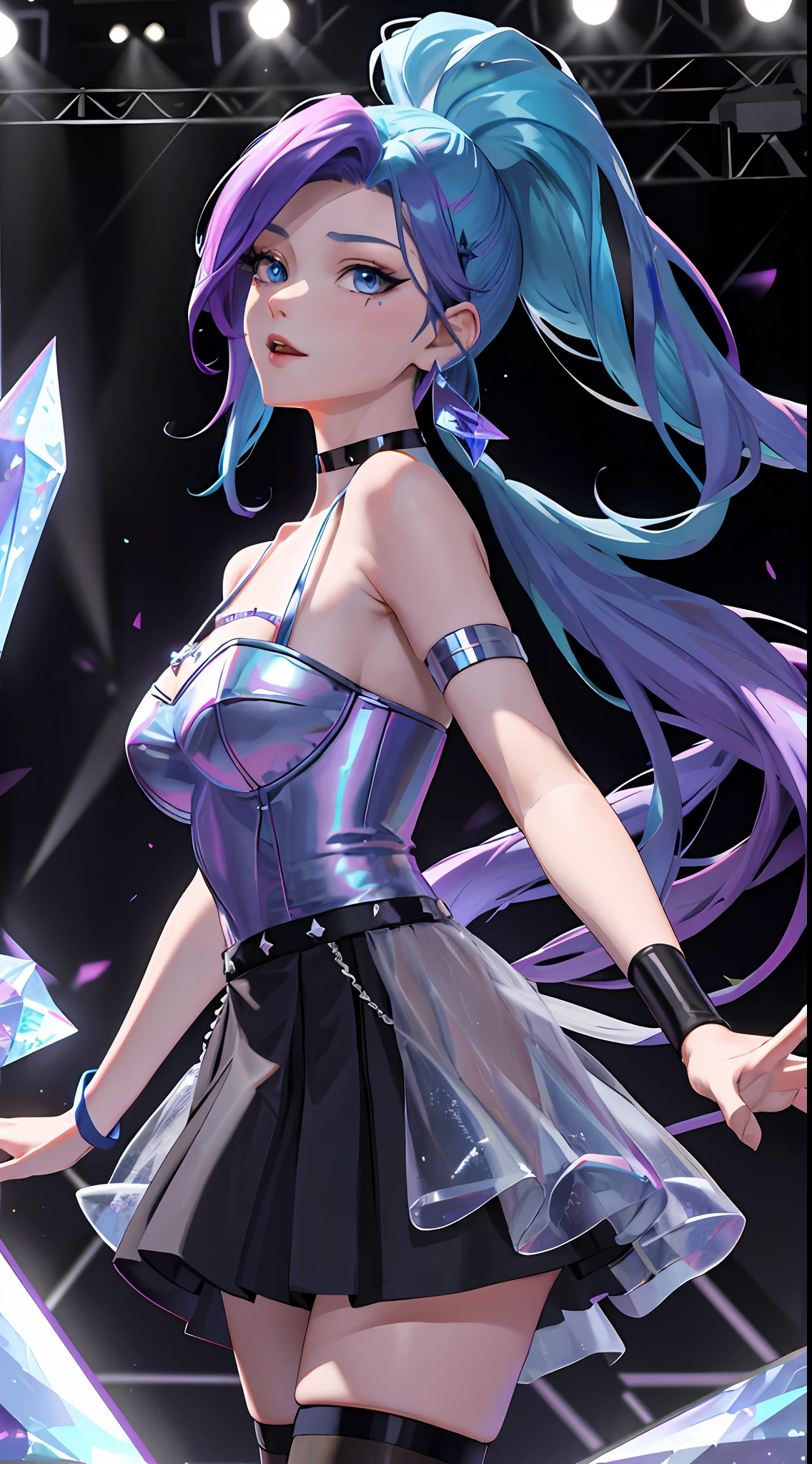 masterpiece, best quality, highres, seraphine1, 1girl, solo, blue hair, k/da \(league of legends\), very long hair, multicolored hair, jewelry, ponytail, blue eyes, earrings, dress, black choker, two-tone hair, purple hair, black thighhighs, bracelet, black skirt, crystal, large breasts, on the stage, waving