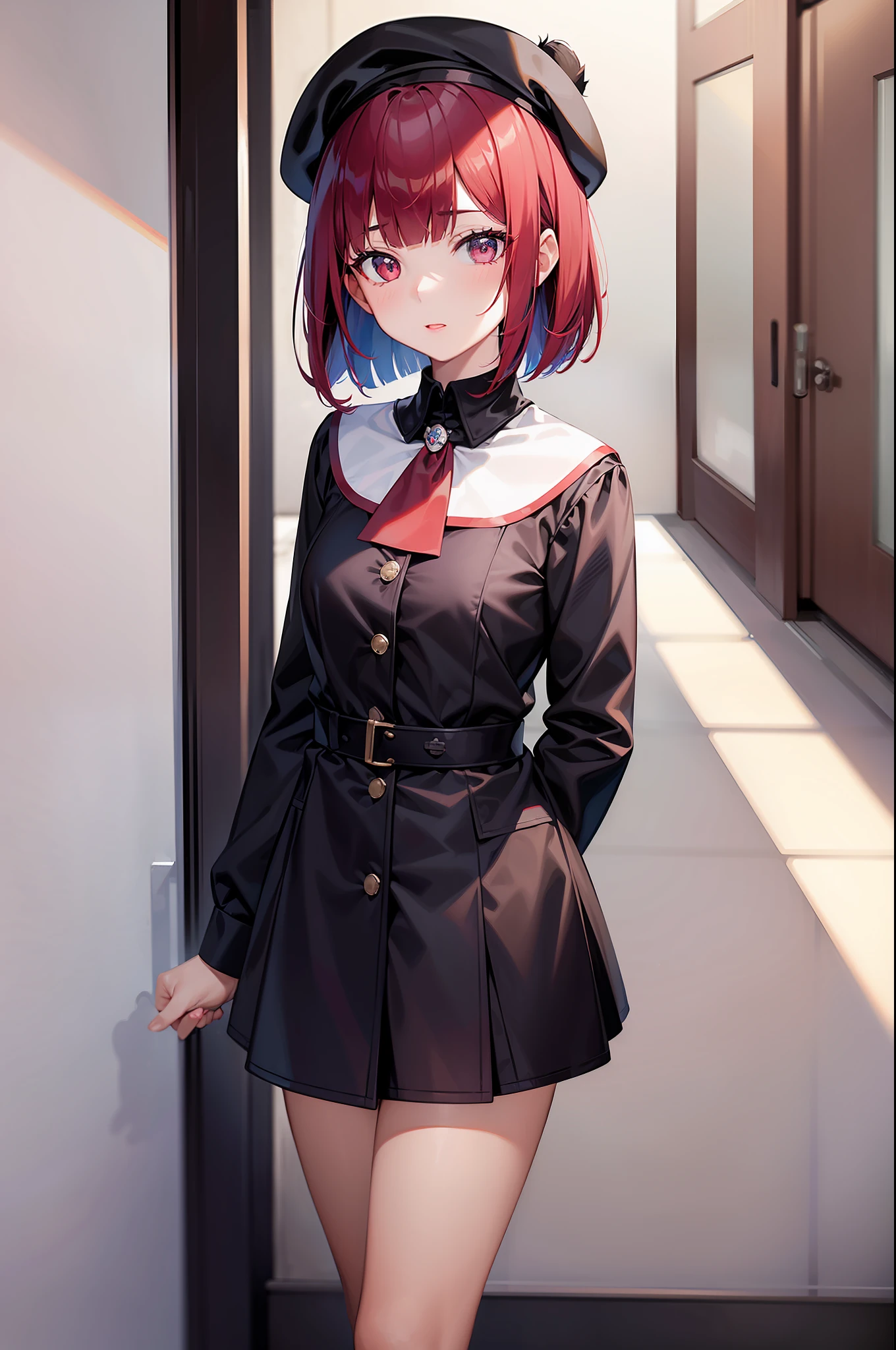 1 girl, graduation bob, straight short hair,  mediumvioletred hair, mediumvioletred eyes, panda eyes, small beret, high school