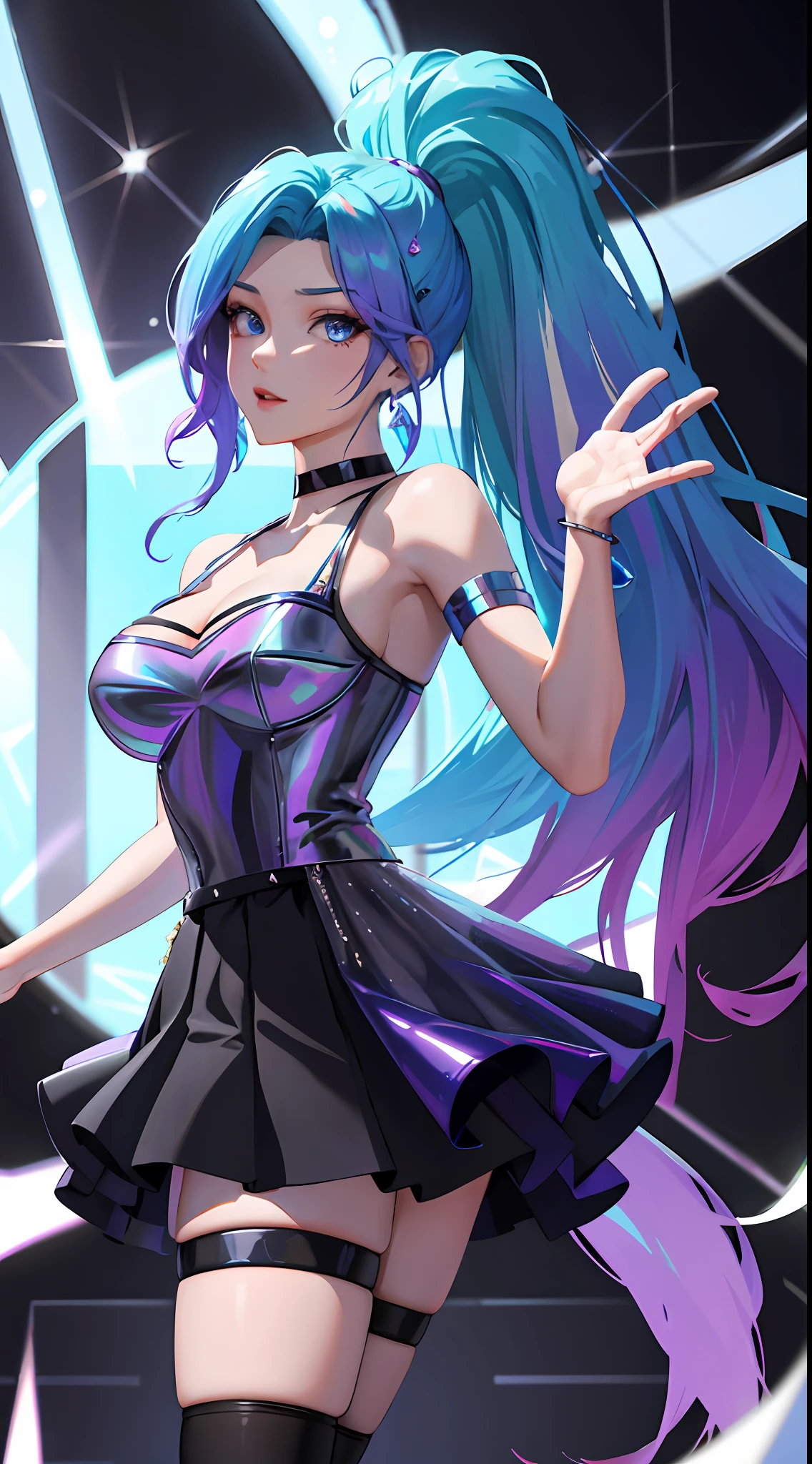 masterpiece, best quality, highres, seraphine1, 1girl, solo, blue hair, k/da \(league of legends\), very long hair, multicolored hair, jewelry, ponytail, blue eyes, earrings, dress, black choker, two-tone hair, purple hair, black thighhighs, bracelet, black skirt, crystal, large breasts, on the stage, waving