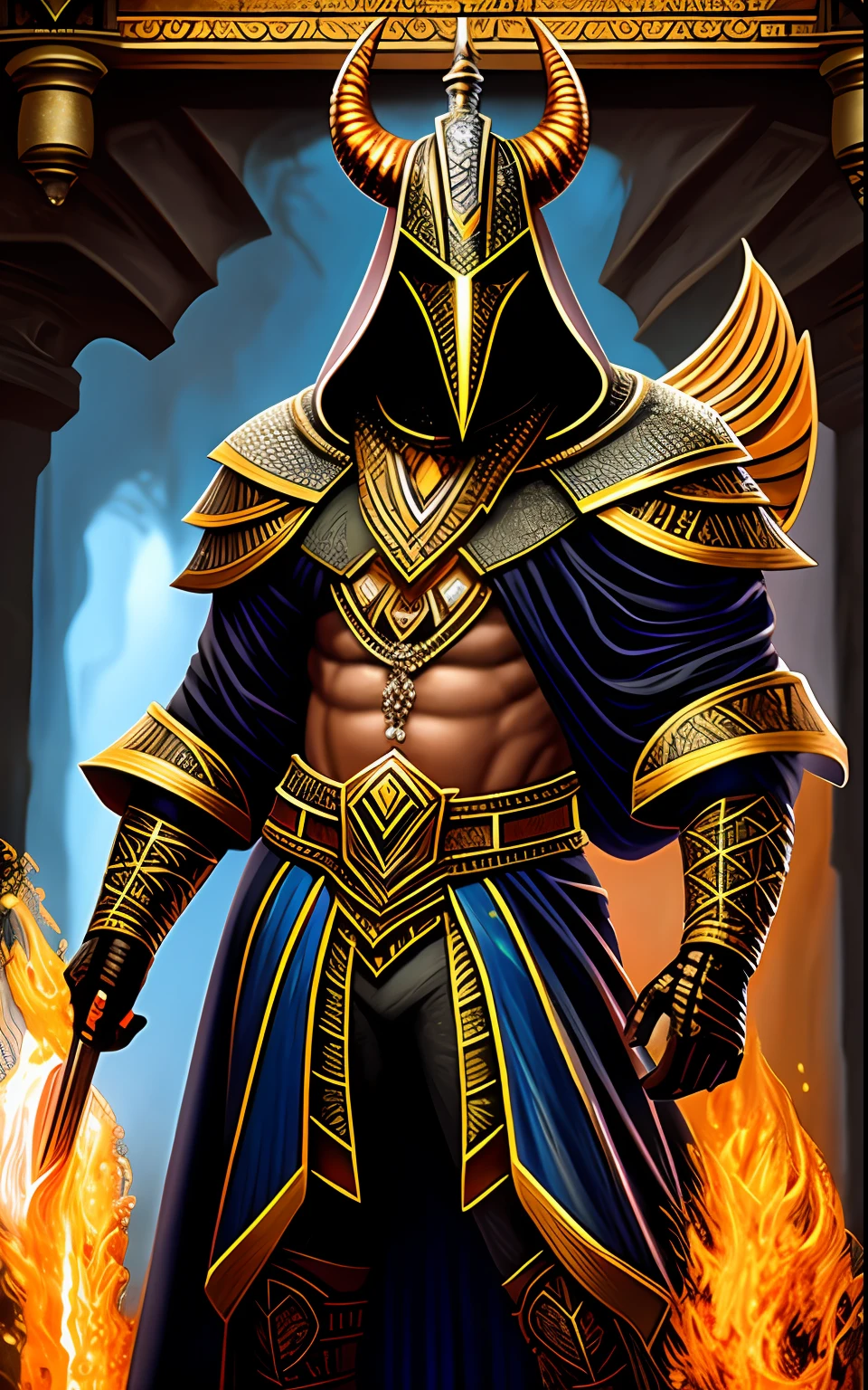 (alta qualidade), fotorrealista, (oil-painting) jewelries, (sozinho), (dinamic pose), para a direita, ((Hell's Gate)), fogo, paisagem do inferno, (o submundo), (paisagem escura), Anubis, Egyptian god with jackal head, caverna, musculoso, (segurando escamas douradas), dinamic pose, cinemactic, dramatic camera angle, armadura dourada: 0,25, capa preta e dourada, (boa anatomia), (good proportions), Concedido, obra-prima, Centrado, um homem com espada de fogo, cor vermelho e Azul