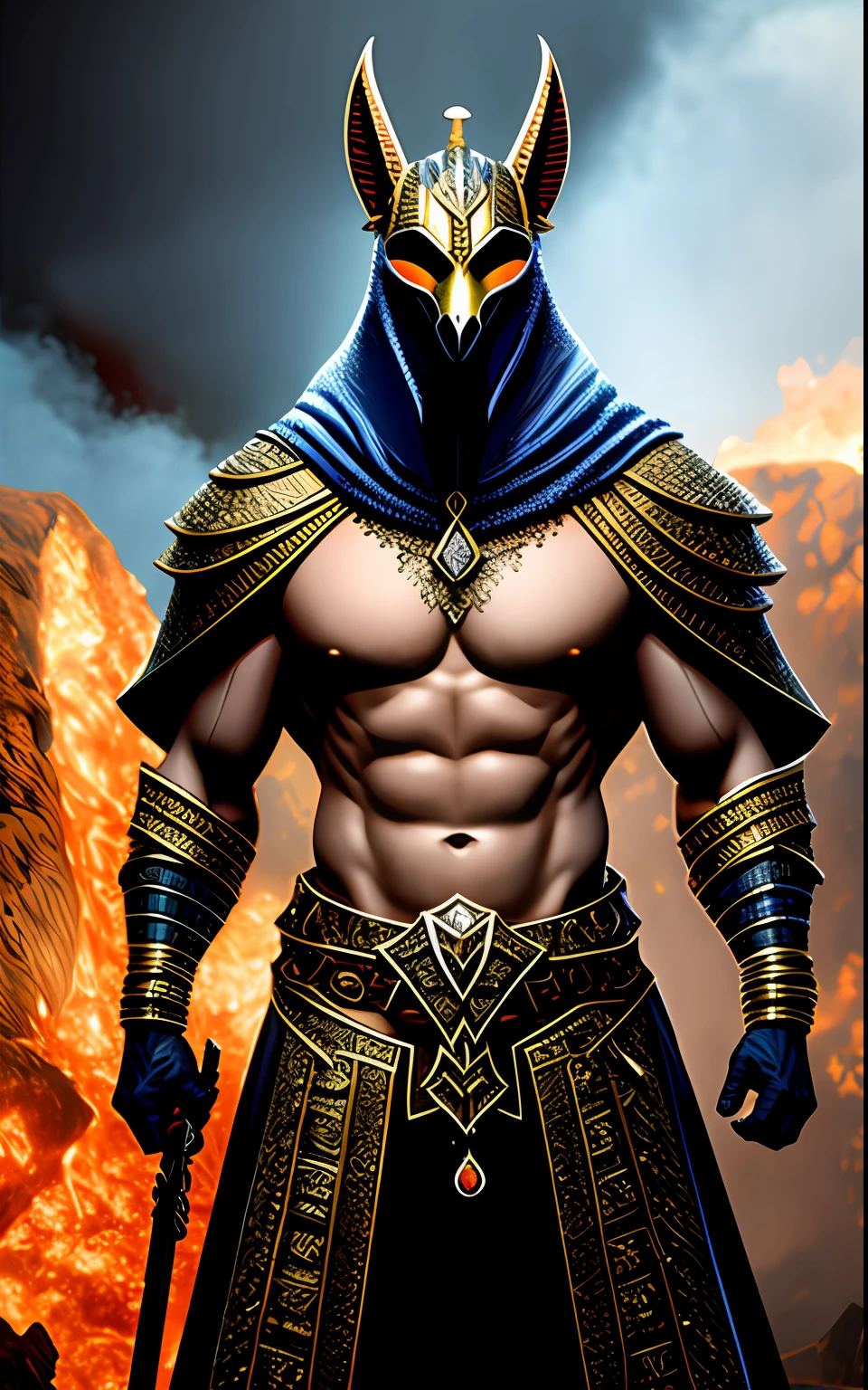 (alta qualidade), fotorrealista, (oil-painting) jewelries, (sozinho), (dinamic pose), para a direita, ((Hell's Gate)), fogo, paisagem do inferno, (o submundo), (paisagem escura), Anubis, Egyptian god with jackal head, caverna, musculoso, (segurando escamas douradas), dinamic pose, cinemactic, dramatic camera angle, armadura dourada: 0,25, capa preta e dourada, (boa anatomia), (good proportions), Concedido, obra-prima, Centrado, um homem com espada de fogo, cor vermelho e Azul