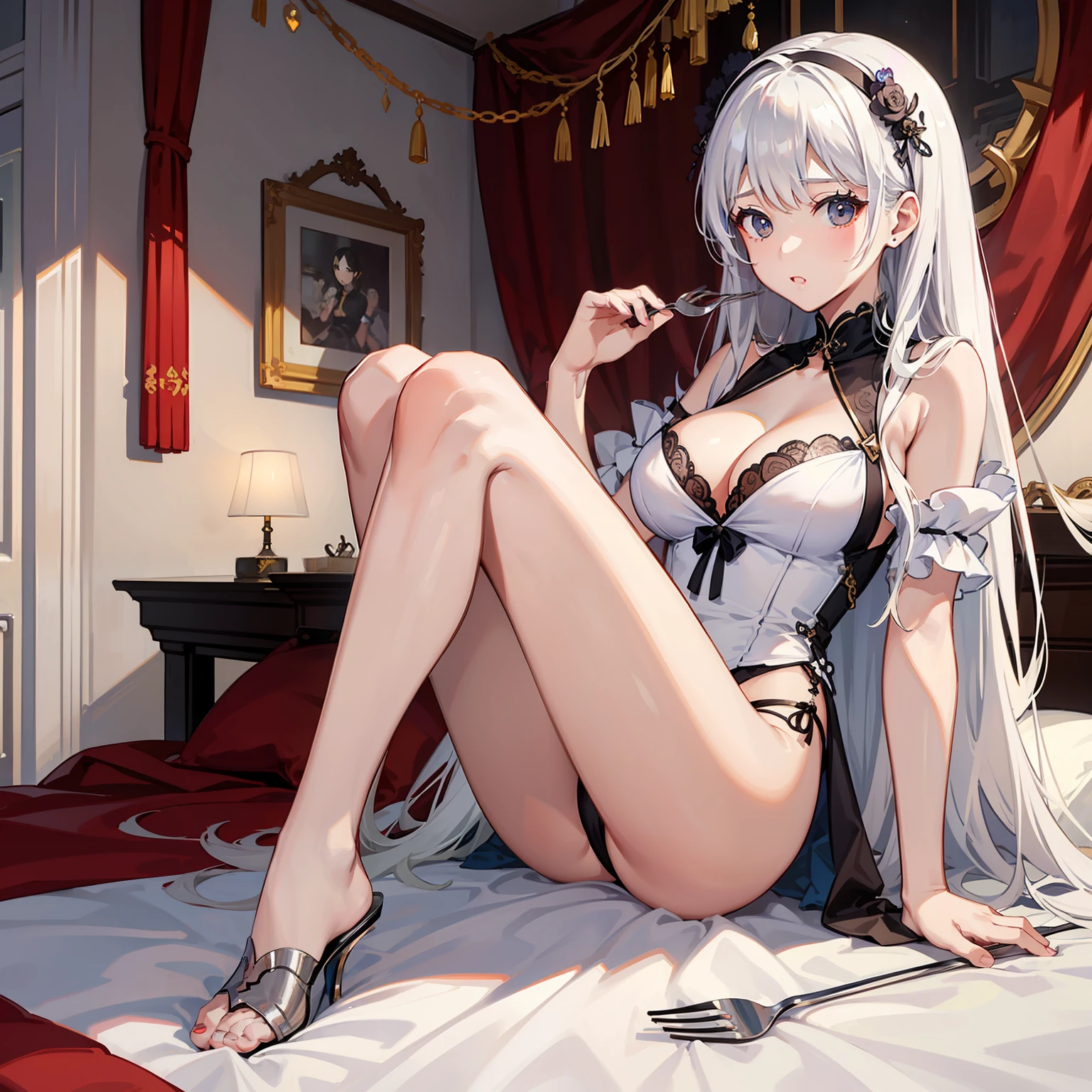 比基尼,underdressing,Beds,Fork the legs,long white hair,nedium breasts,cleavage