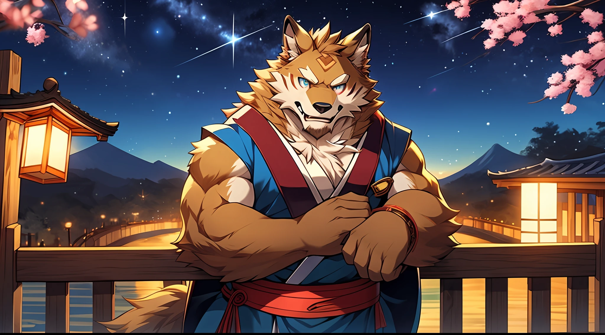 (A golden werewolf with golden fur and glasses stands on a city street under the stars at night:1.2),(male people),Azure pupils,Look at the river of stars in the distance,the corners of your mouth rise slightly,He wears blue ancient Japanese clothing,is an astrologer,He is very fond of astrology,Has a deep love for the stars,He has several dark red stripes on his cheeks,extremy detailed,detailedbackground,Extremely beautiful starry sky background extremely detailed,starrysky,由Null-Ghost:0.7 brought,Handsome,sbeard ,natta, Lanterns, Festive atmosphere, Outdoor activities, (depth of fields), Beautiful and beautiful,komono,white sash,Cherry blossom leaves,tmasterpiece,VerydetailedCG,(Wear glasses),Leaning against the railing,correct hand,Extend your right hand forward,Strong,(White loincloth),Middle Age,A majestic,Savage,self-assured,Strong,Look at the camera