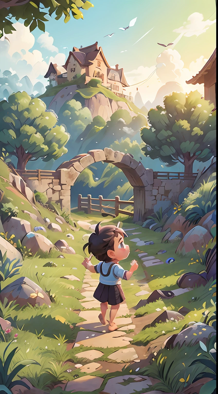 Chasing the sunset barefoot next to the railway,
Play with leather bands hidden under the stone bridge,
Iron gate front basket frame ginkgo flowers,
Thatched huts can be inhabited,
Hip-hop on the way to school,
The water in the fields is full of water,
We grew up day by day。(Outdoor view:1.5),blue-sky,Flying birds,(tmasterpiece),(Best picture quality),(Very detailed and uniform picture),(8k wallpaper),(Chinese folk style painting),(Watercolor style painting),(light and shadow effect)