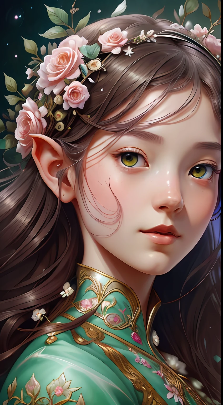 There is a digital painting，A girl with flowers in her hair, Deviantart ArtStation CGSCOSIETY, digital fantasy art ), Fantasy art Behance, hyperrealistic fantasy art, Beautiful digital artwork, Elf Girl, Realistic fantasy illustration, detailed fantasy digital art, flod, digital fantasy art, Beautiful digital illustration, Realistic fantasy artwork, stunning digital illustration