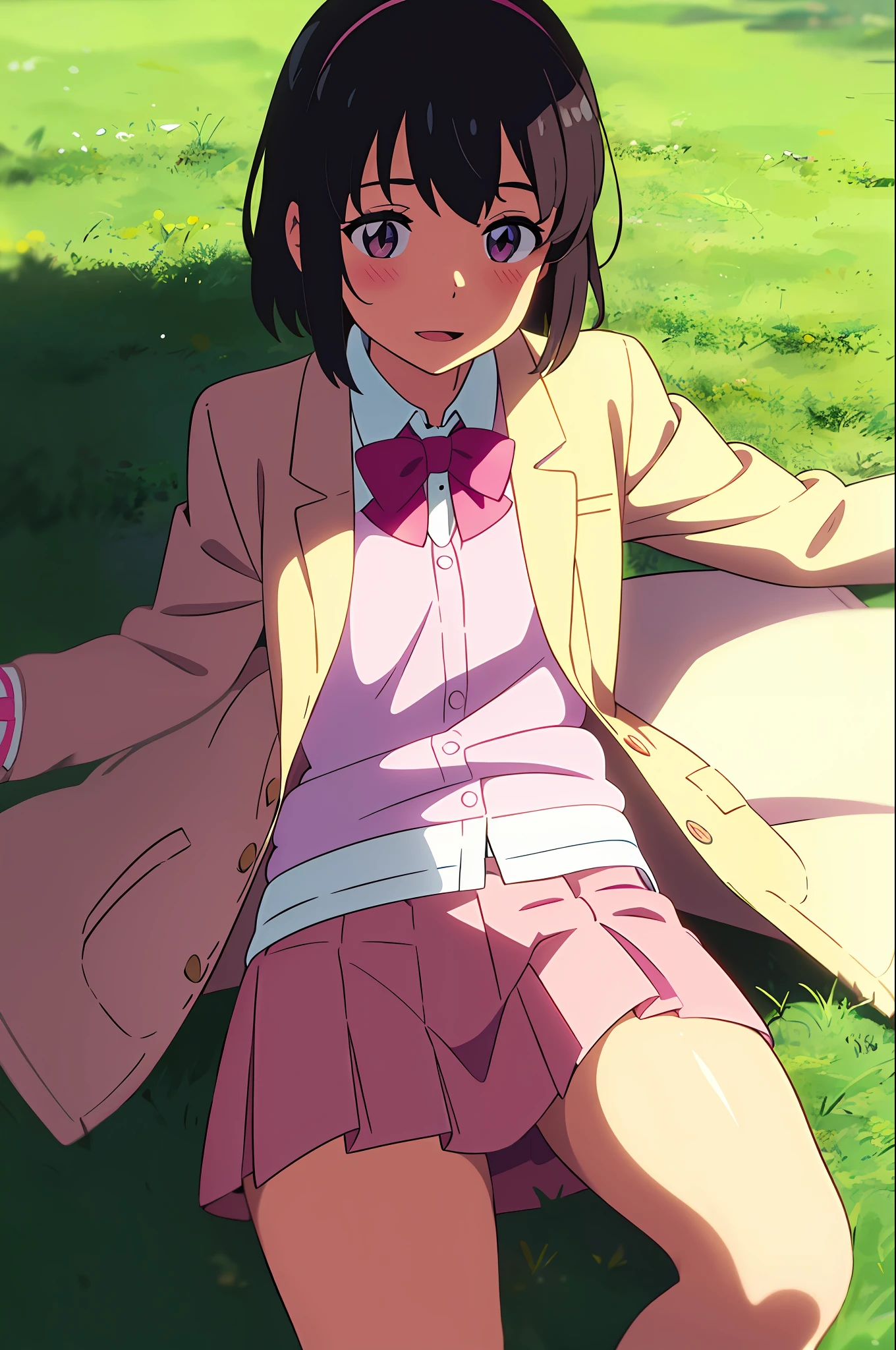 (masterpiece:1.6, best quality), (finely detailed beautiful eyes: 1.2), colorful, shinkai makoto, kimi no na wa., 1girl, bangs, black hair, blush, brown eyes, looking at the viewer, pink headband, pink ribbon, short hair, full body, smile, cute, solo focus, shirt, long sleeves, smile, happy, open mouth, white shirt, jacket, cardigan, skirt, blush, collared shirt, letterboxed, pink jacket, pink cardigan, dress shirt, open clothes, anime coloring, brown footwear, arms up, lying, lying on grass, grass
