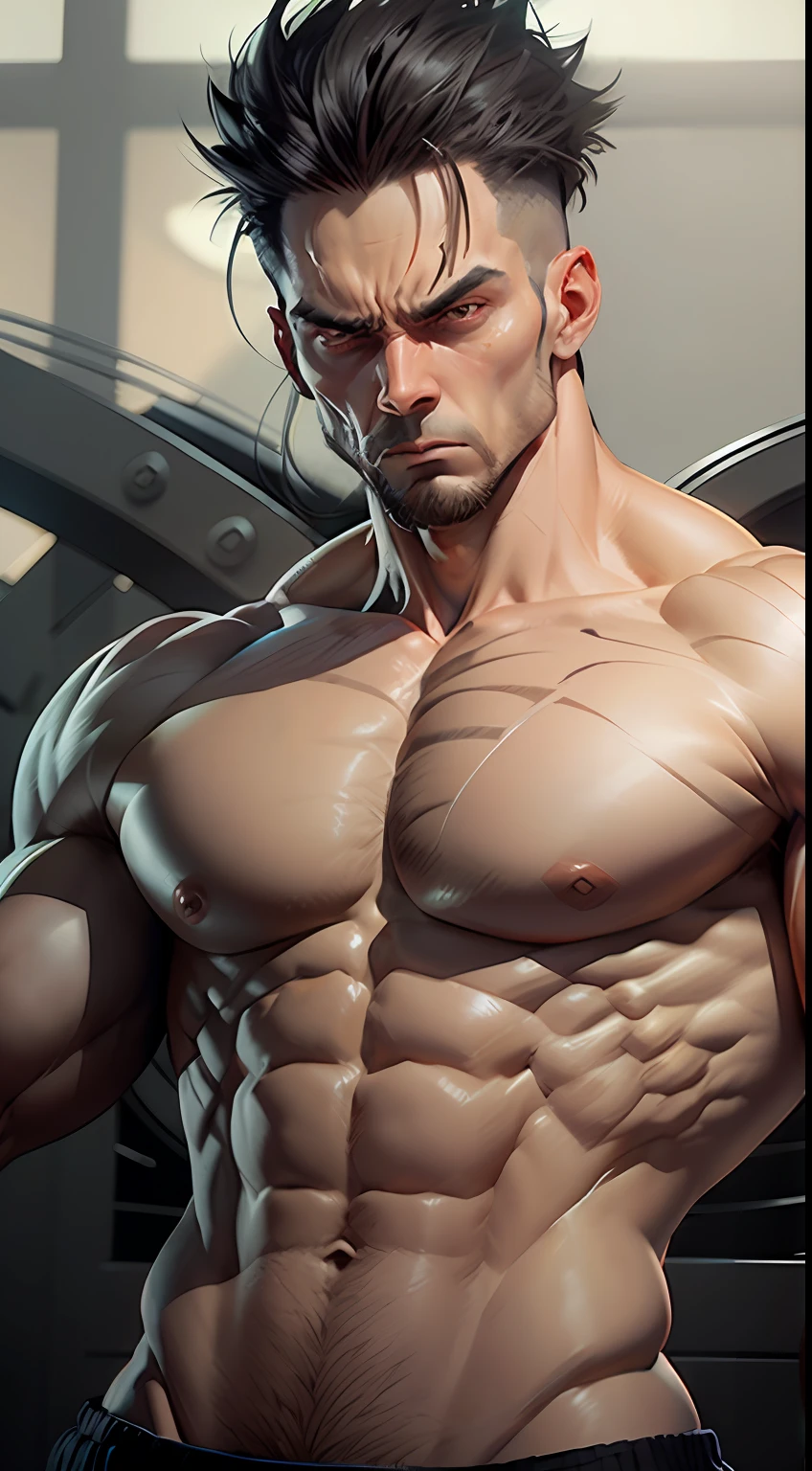 Um atleta negro super forte extremamente musculoso, Bodybilding, ((cabelo curtom)) olhos detalhados, very bad sinister angry expression, dingy gym, Bodybilding.