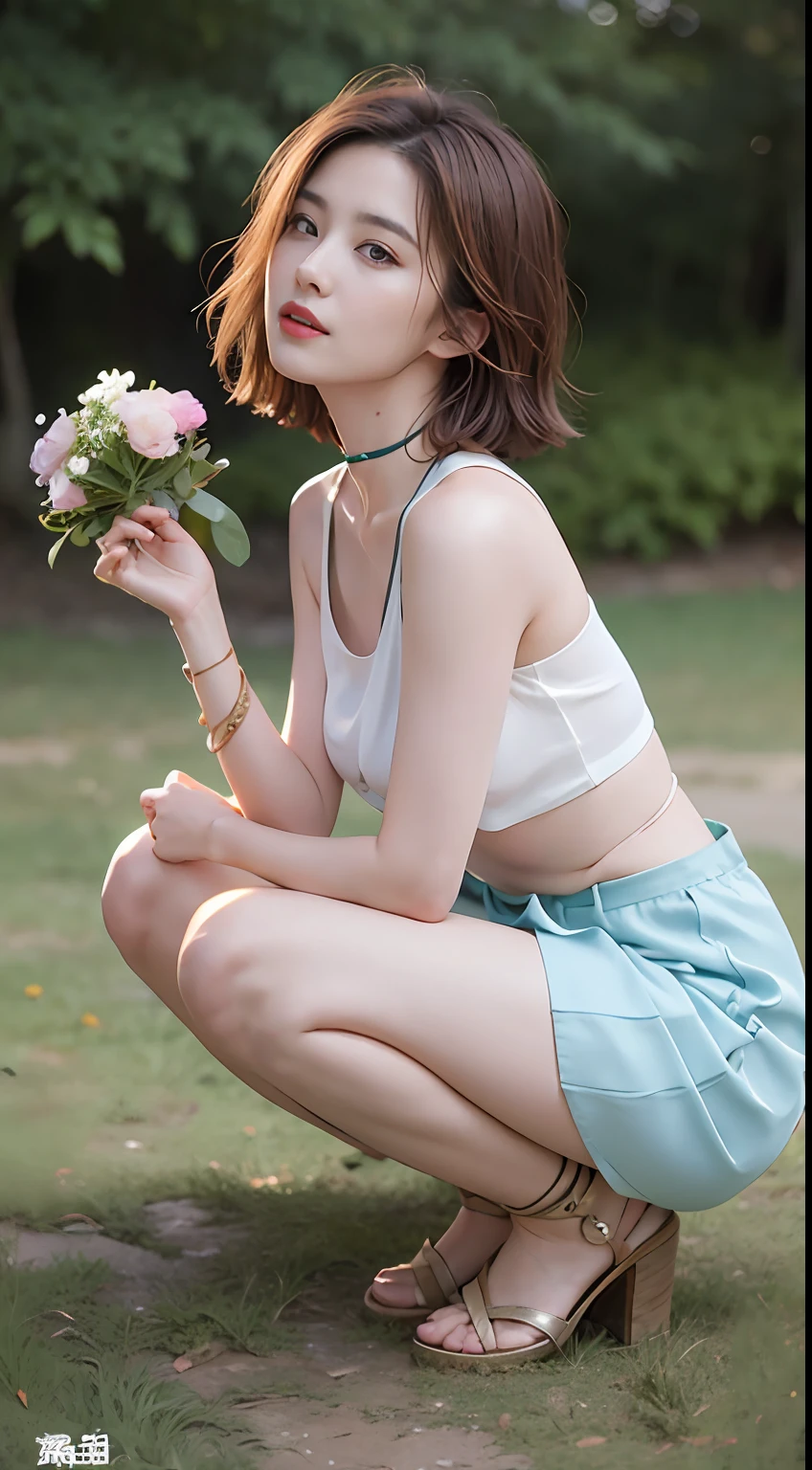 NSFW， 8K Raw photograph， best qualtiy， tmasterpiece， 超高分辨率， filmgrain， cinematic ligh， 1girll， looking at viewert， Natural skin texture， Realistic Eyes and Face Details， full pouty lips， lipsticks， （putting makeup on）， Red eyeshadow， Short fluffy hair， messy  hair， ssmile， rejoice， beautifullegs， Tall women， being thin， Slim_Legs， 独奏， Brustwarzen， Pose with your hips facing you， Superskirt， hindquarters， Beautiful natural location， Location of flowers around， （detailedbackground） ， Show a little through the shirt， Footwear， vague background， bblurry， halter，， short- sleeved， The ribbon is around the neck， JK ribbon， brown  hair， bangle， Eau， By bangs， jewely， parted lip， cparted lips， From the side Side， Printed silk skirt， depth of fields，beachside，zona rural，Suspenders，