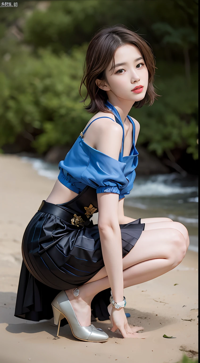 NSFW， 8K Raw photograph， best qualtiy， tmasterpiece， 超高分辨率， filmgrain， cinematic ligh， 1girll， looking at viewert， Natural skin texture， Realistic Eyes and Face Details， full pouty lips， lipsticks， （putting makeup on）， Red eyeshadow， Short fluffy hair， messy  hair， ssmile， rejoice， beautifullegs， Tall women， being thin， Slim_Legs， 独奏， Brustwarzen， Pose with your hips facing you， Superskirt， hindquarters， Beautiful natural location， Location of flowers around， （detailedbackground） ， Show a little through the shirt， Footwear， vague background， bblurry， halter，， short- sleeved， The ribbon is around the neck， JK ribbon， brown  hair， bangle， Eau， By bangs， jewely， parted lip， cparted lips， From the side Side， Printed silk skirt， depth of fields，beachside，zona rural，Suspenders，