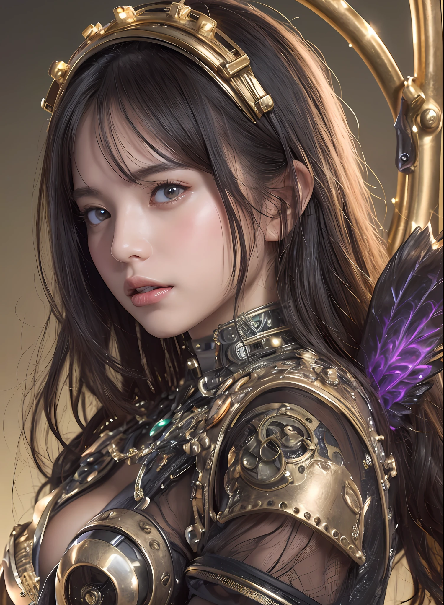 top-quality、​masterpiece、超A high resolution、(Photorealsitic:1.4)、Raw photo、女の子1人、Black hair、glowy skin、1. Steampunk Angel Cyborg、large metal wings、((super realistic details))、portlate、globalillumination、Shadow、octan render、8K、ultrasharp、Colossal tits、Raw skin is exposed in cleavage、metals、Details of complex ornaments、Steampunk details、Hydraulic cylinder、highly intricate detail、Realistic light、CGSoation Trends、a purple eye、radiant eyes、Facing the camera、neon details、Mechanical limbs、blood vessels connected to tubes、Mechanical vertebrae attached to the back、mechanical cervical attaching to neck、cowboy  shot、Wires and cables connecting to the head、Sumerian details、Small LED lamp、