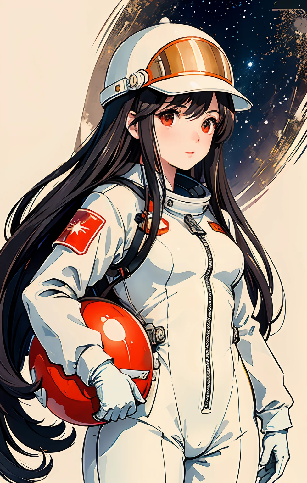 1girl,flat_breasts,cute,beautiful detailed eyes,shiny hair,visible through hair,hairs between eyes, CCCPposter, sovietposter,red monochrome,soviet poster, soviet,communism,
Black_hair,red_eyes,vampire,teenage,poorbreast,Spacesuit:Orange_clothing_body:jumpsuit),white_gloves, white_space shoes, white_helmet, the CCCP red letters on the top of helmet, weightlessness, Side light, reflection, The person in the spacesuit is at the bottom left of the frame, The right hand is outstretched, the right hand gently touches the Salyut space station), Space station in the upper right corner of the screen, Reflected light from the sun, Silver metal,red flag, brilliance,USSR style, diffuse reflection, Metallic texture, The vista is a blue Earth,mecha style,the sea of star,high tone, magnificent