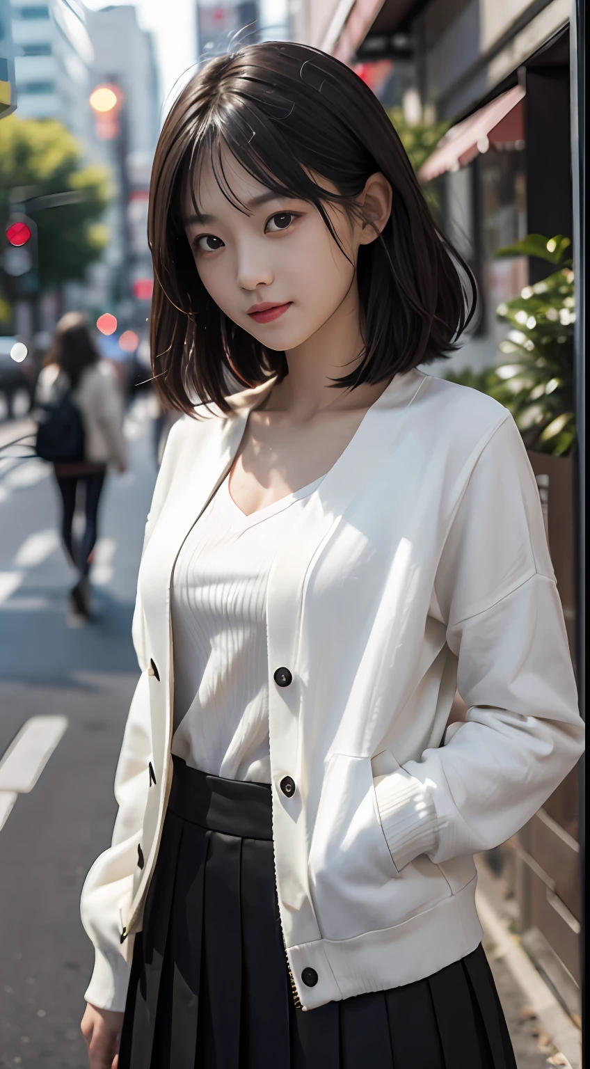 tmasterpiece、top-quality、真实感,Three-dimensional feeling,physically-based renderingt,8K,A female high school student,Medium height,with a good figure,Short black shoulder-length hair、Student clothing jacket、a black skirt,White cardigan,longer sleeves、Not exposed,ssmile,Toothy,slightly red face,streetview,Scenic beauty,dynamicposes,Well laid out,with whole body visible,Front Shooting,SLR shooting