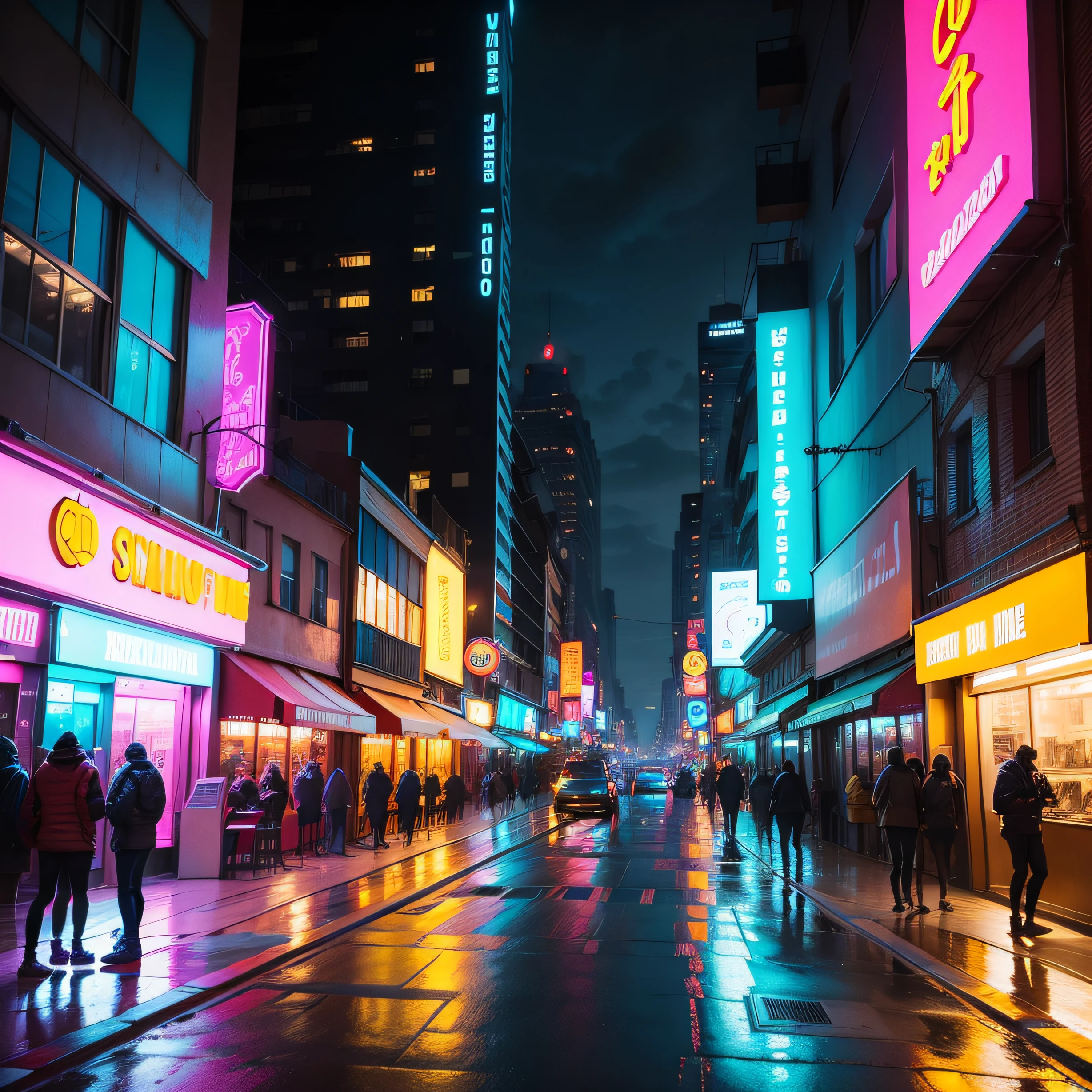 Street with vibrant, eye-catching neon signs, con edificios y rascacielos futuristas