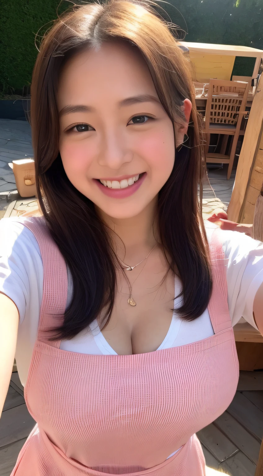 sun burn、Eagle Grabbing、rub one's breasts、Looking at the camera、a closeup、tits out、Exposed cleavage、A smile、Herren、Nursery teacher、pink apron