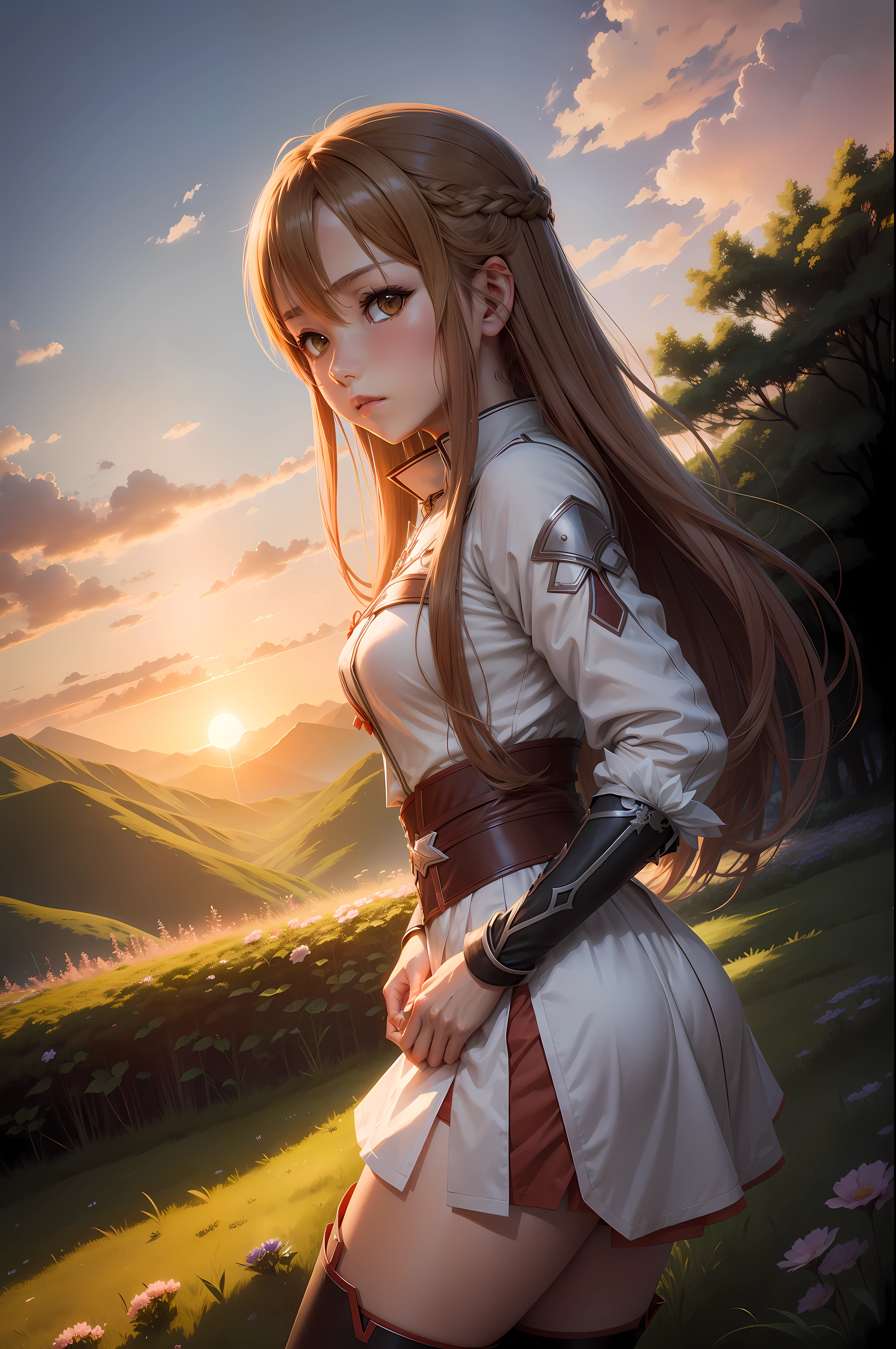 asuna de Sword art online looking sunset on high mountain with green plantation and flowers