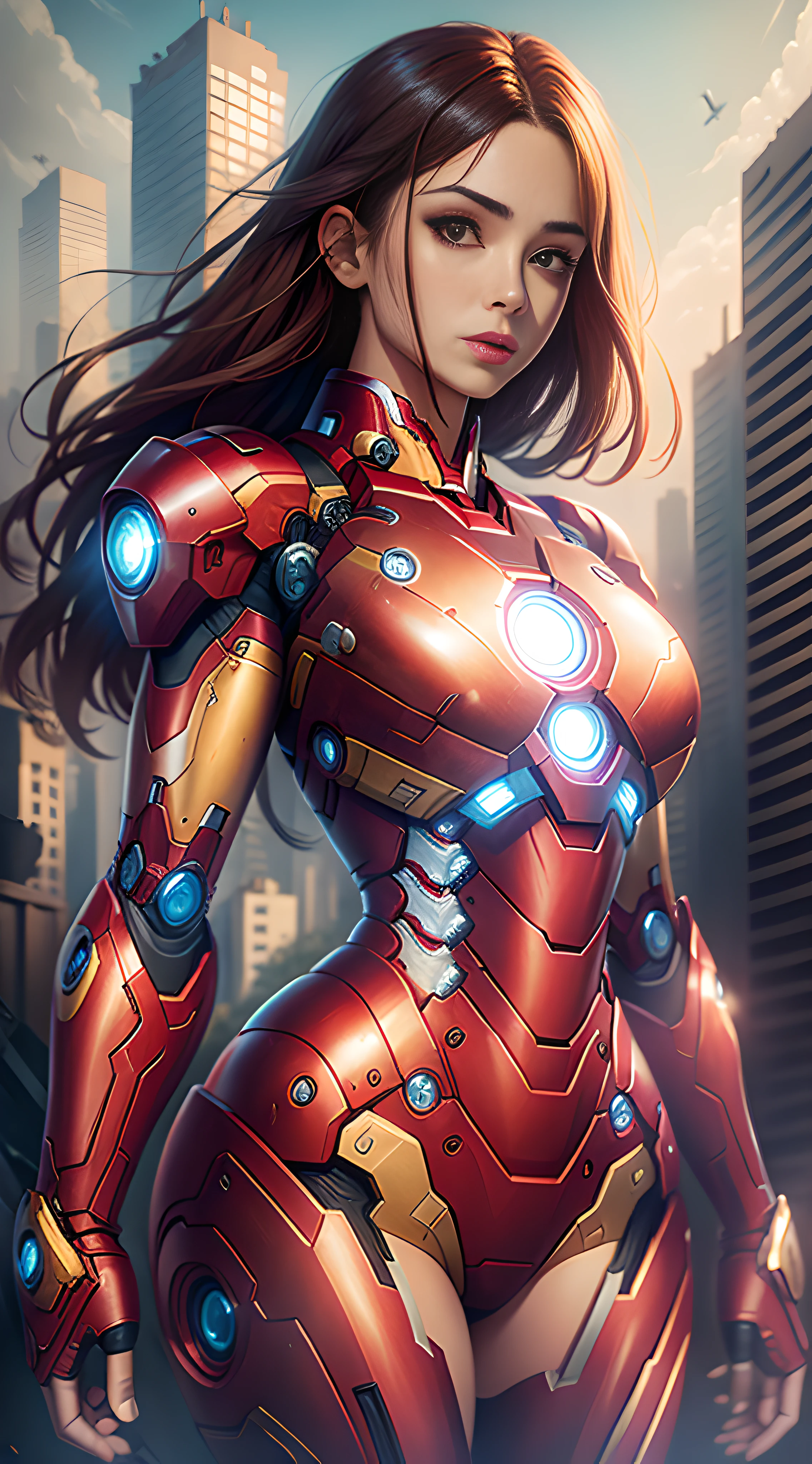 Masterpiece, best quality, female head, female version of Iron Man's body, background city ruins