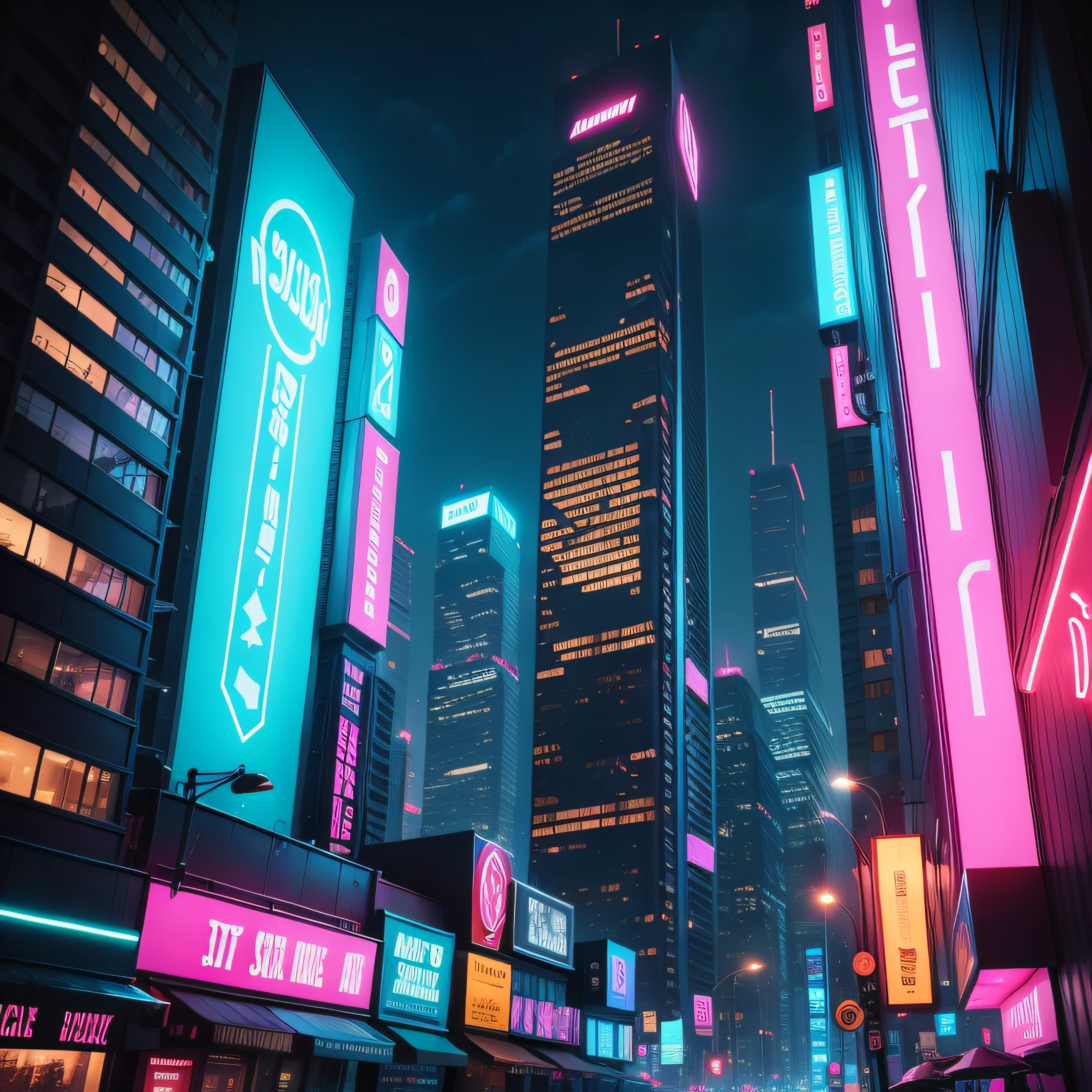 Vibrant, eye-catching neon signs on futuristic buildings and skyscrapers