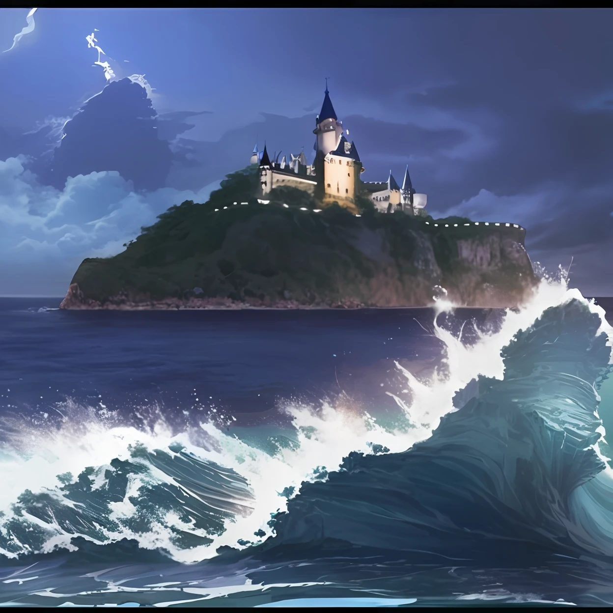 Vista arafed de um castelo em um penhasco com uma onda em primeiro plano, Castelo de Scarry)). mistic, Castelo de Scarry). mistic, illustration matte painting, scylla and charybdis, сastle on the rock, Um imenso castelo flutuante, epic matte painting of an island, Magic castle school on a hill, Tormento e ondas