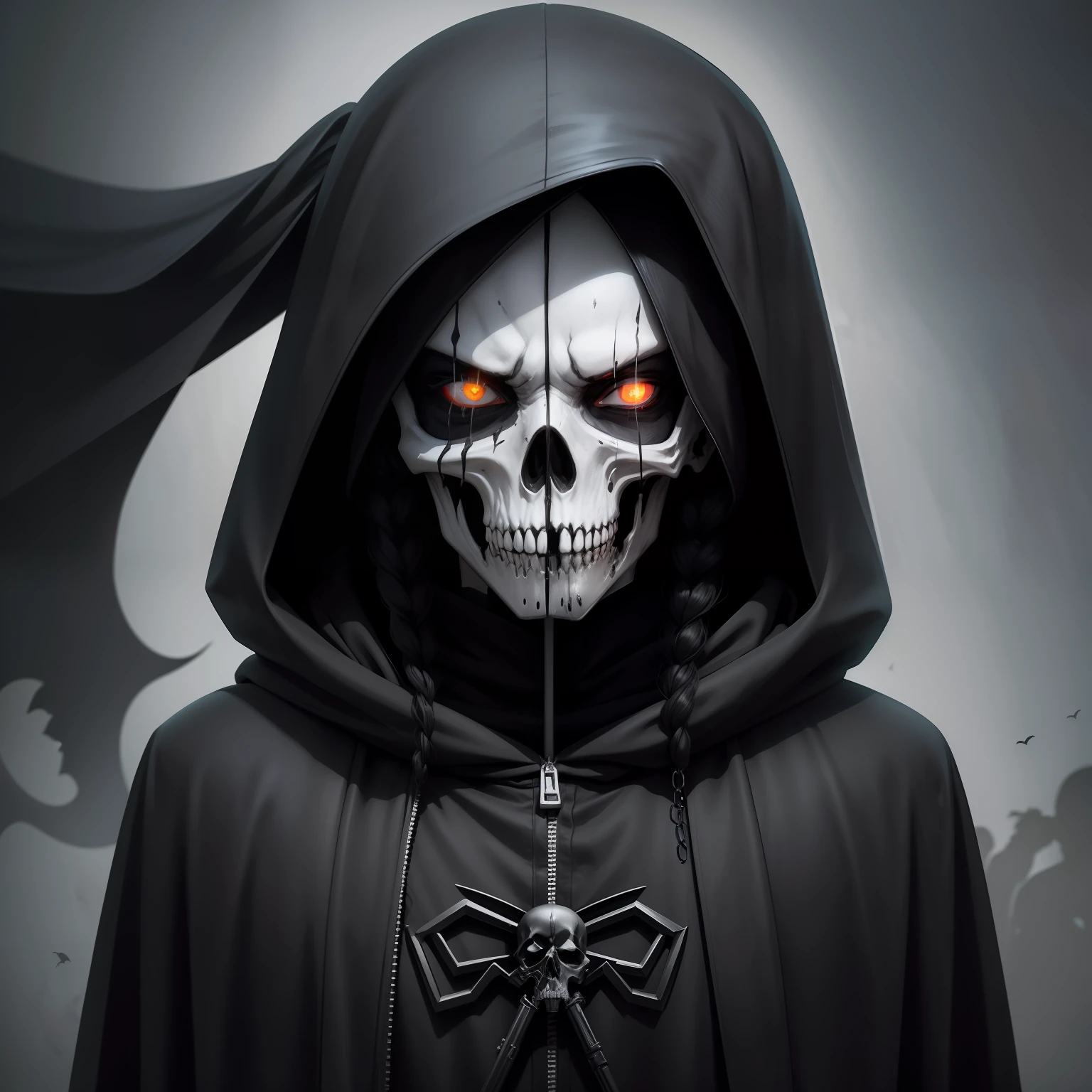 Grim reaper, caveira com mantos negros segurando uma foice, assustador, terror, atmosfera sombria, olhos vermelhos brilhantes, deus da morte, demoniaca, horror, morbid, alta qualidade, imagem de terror
