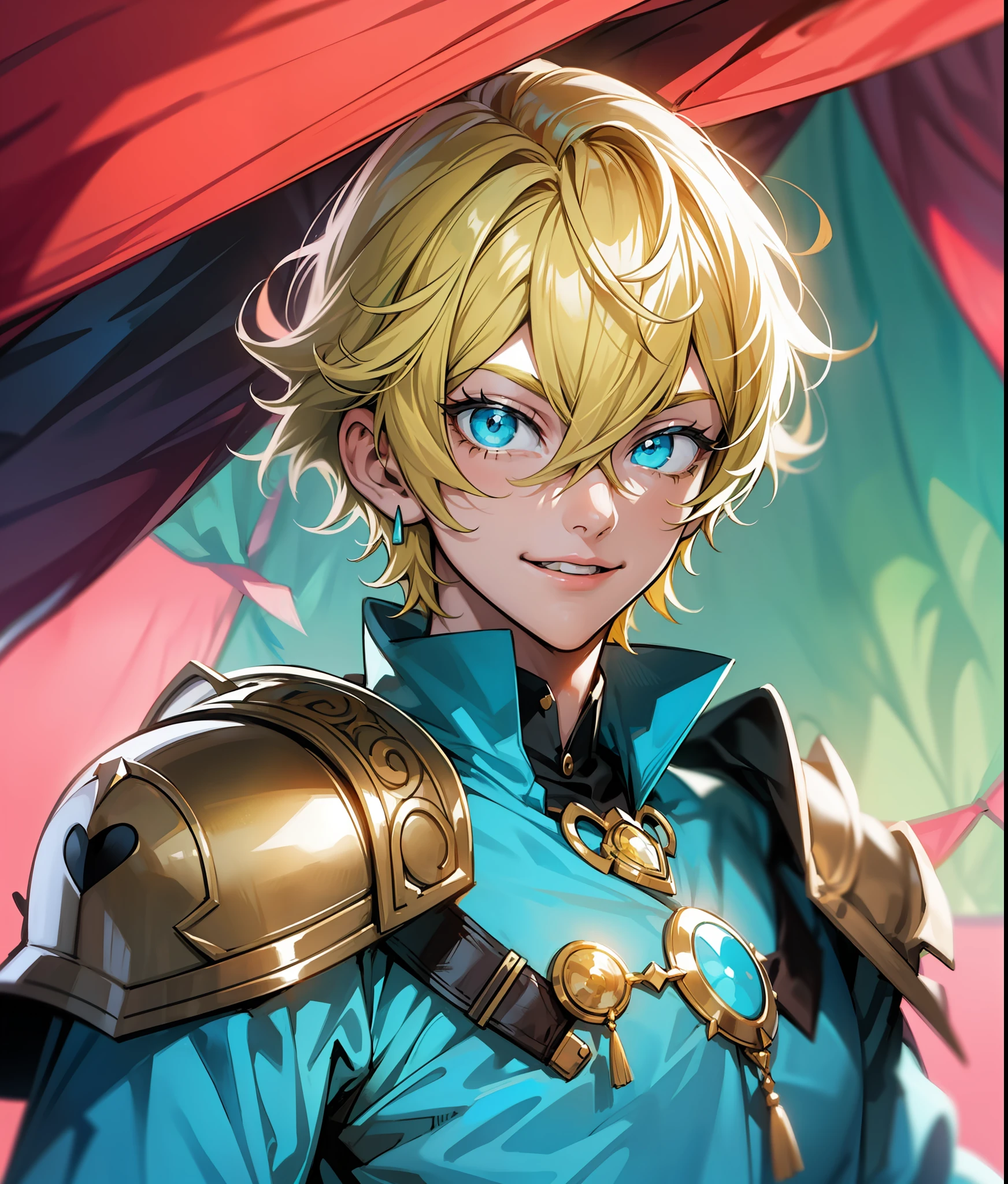 tmasterpiece, beste-Qualit, Prince Knight, 1boy, hair light, yellow hair strokes, Cyan eyes, ssmile, cyan shirt, upper-body, stands, Tent background