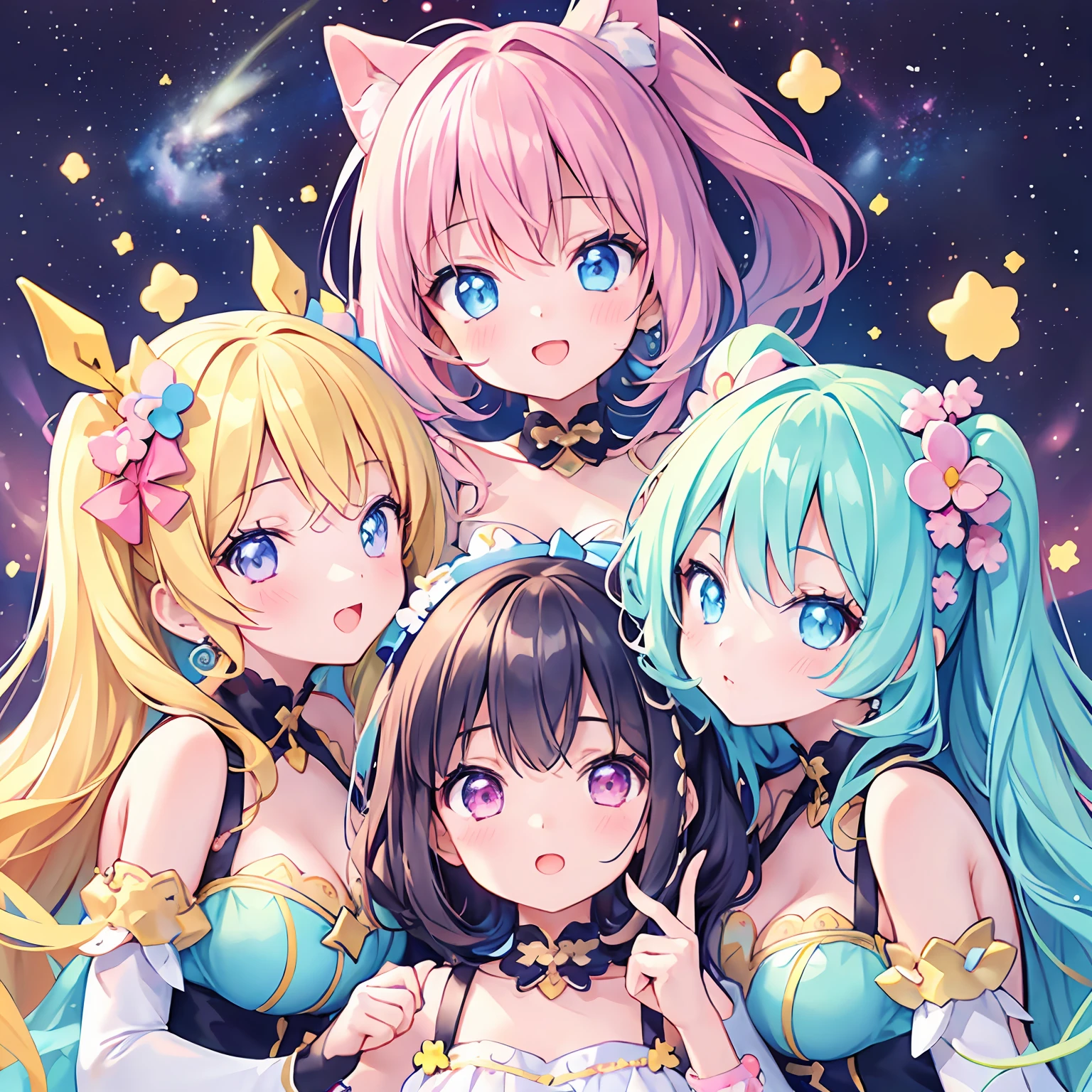masterpiece, (2girls and 2girls and 2girls and 2girls in the space), idol, big eyes, kawaiitech, kawaii, cute, pastel colors, best quality, happy, deep background, symmetrical, tilted head, summer
