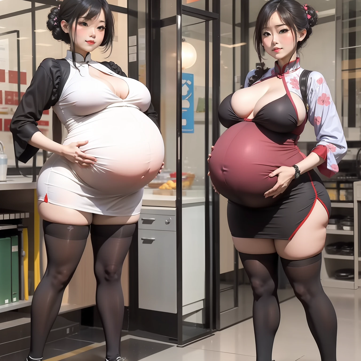 Clear black long socks, big breasts, cheongsam, huge pregnancy belly, huge pregnant