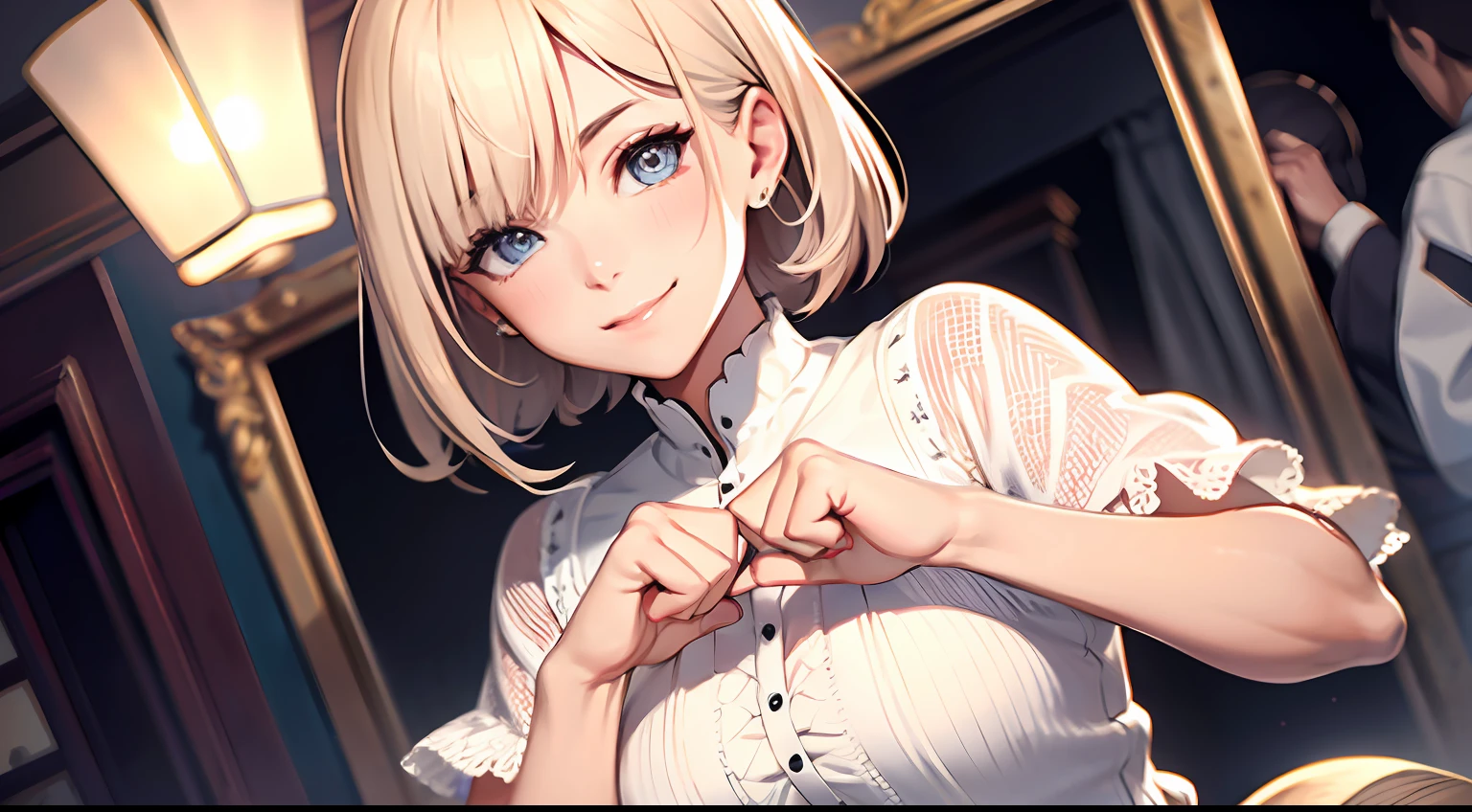 Clench your hands into fists,A hearty smile,Delicate clothing texture