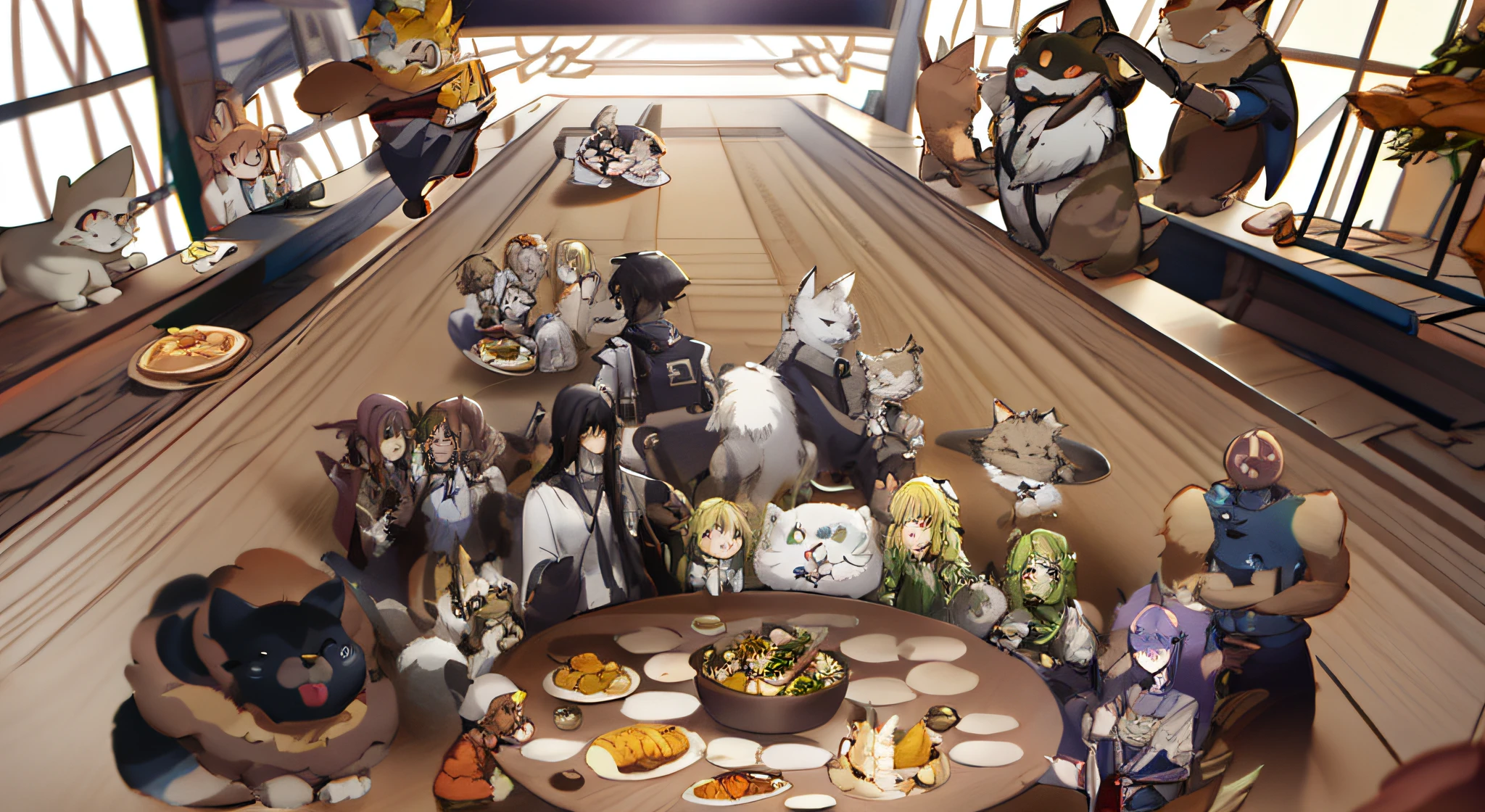 Draw a table，There is a group of animals and a cat inside, last supper, the table is full of food, dnd party, anime party of friend of wisdom, Line art!!, lineart, Line sketch!!, clean lineart, Line sketch, everyone having fun, dnd commission, perfect lineart, at a dinner table, Detailed fanart, variable lineart