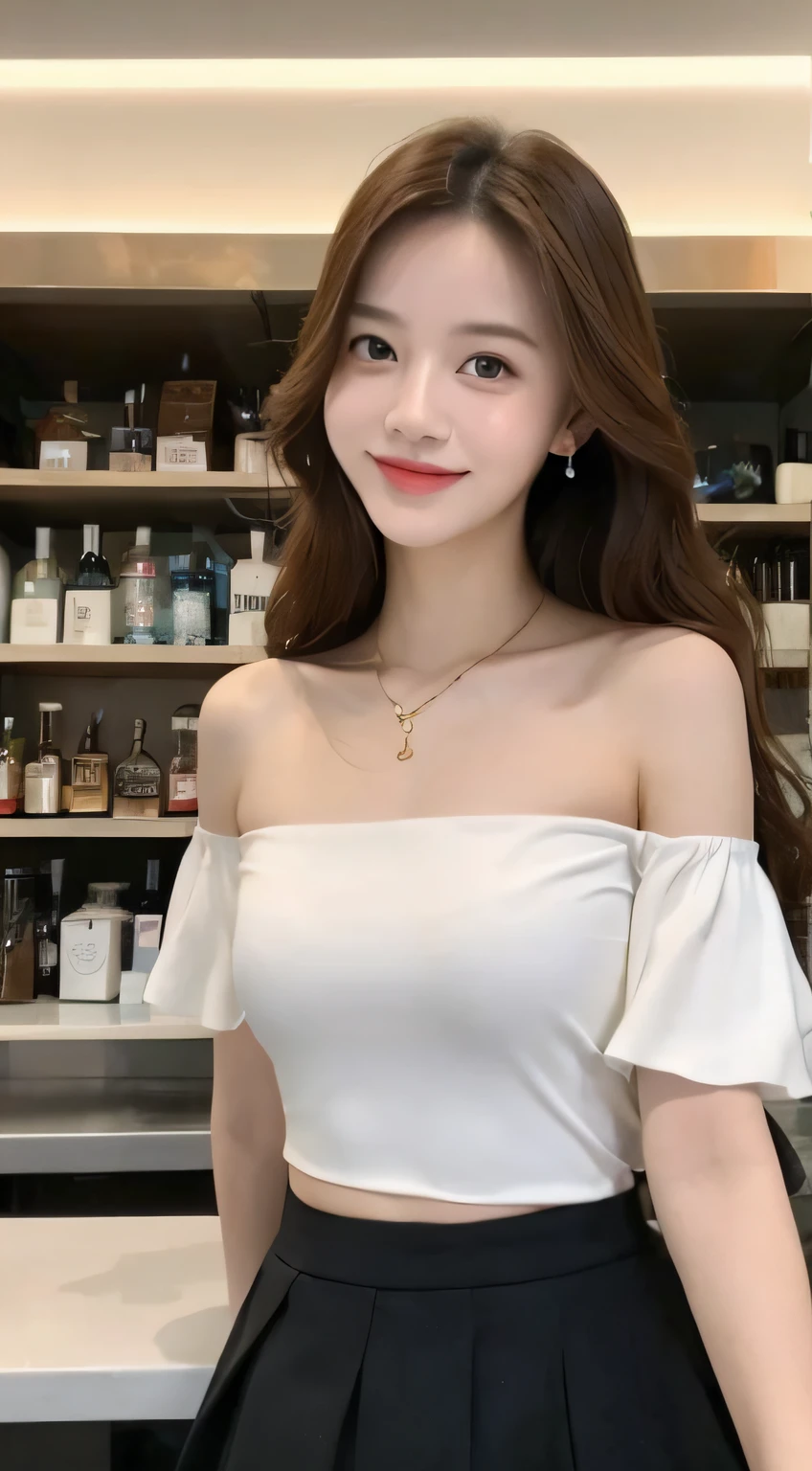 A superb exquisite real beautiful girl, golden long curly hair, extremely exquisite facial features, peerless beautiful girl, collarbone off-the-shoulder, white crop top shirt, black JK skirt, exposed legs, sweet smile, soft, dreamy quality, light white and dark brown, exaggerated facial features, solid color, frank off-white, surreal, blue gemstone necklace, ultra-clear, beautiful young girl, cute and lively, super short leggings, background at the bar counter