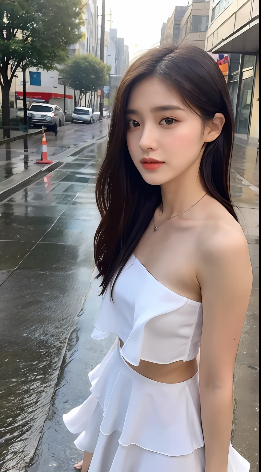 ((Best Quality, 8k, Masterpiece: 1.3)), Focus: 1.2, Perfect Body Beauty: 1.4, Buttocks: 1.2, ((Layered Haircut, Flat Chest: 1.2)), (Rain, Street:1.3), Bandeau Dress: 1.1, Highly Detailed Face and Skin Texture, Fine Eyes, Double Eyelids, Whitened Skin, Long Hair, (Shut Up: 1.3), Full Body
