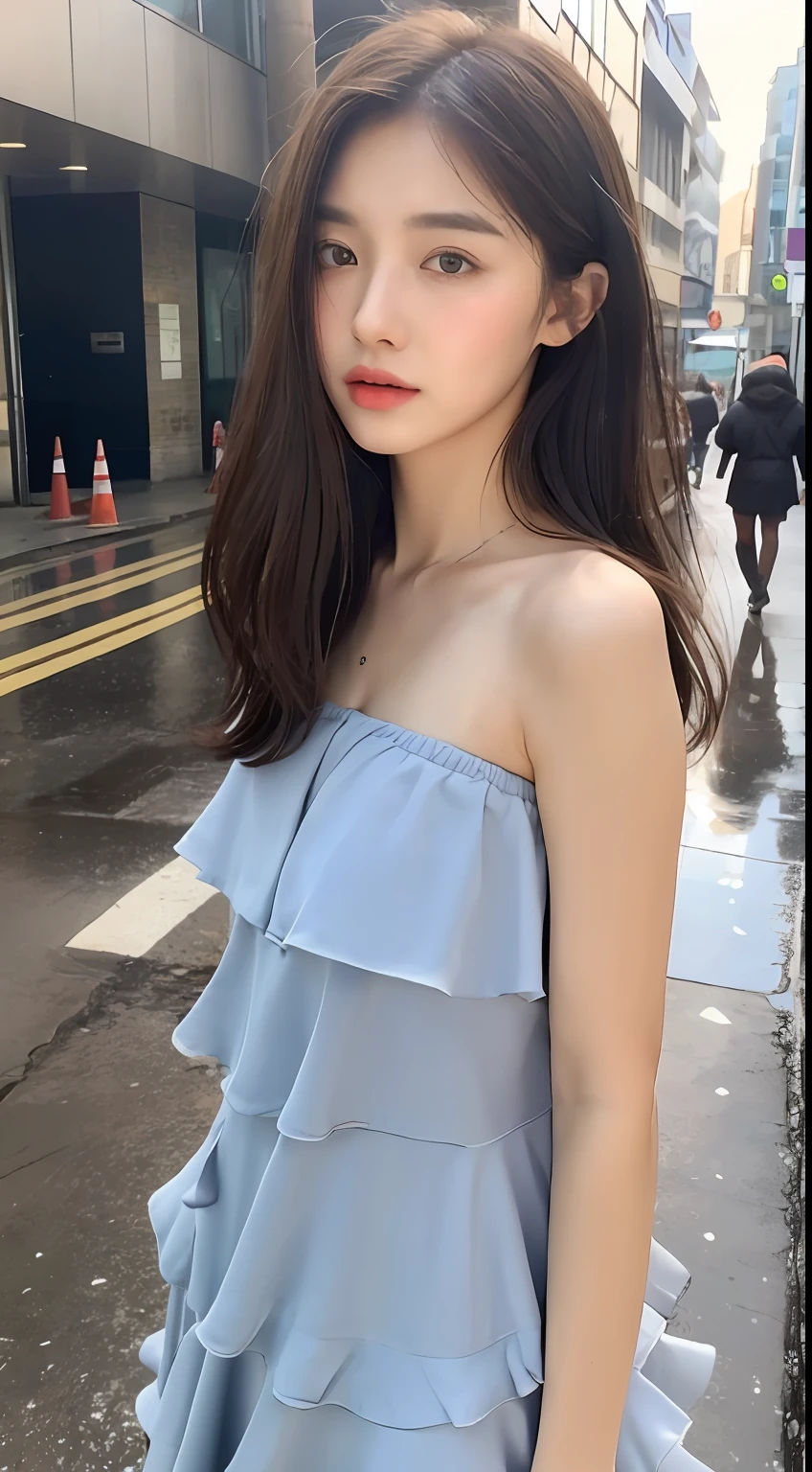 ((Best Quality, 8k, Masterpiece: 1.3)), Focus: 1.2, Perfect Body Beauty: 1.4, Buttocks: 1.2, ((Layered Haircut, Flat Chest: 1.2)), (Rain, Street:1.3), Bandeau Dress: 1.1, Highly Detailed Face and Skin Texture, Fine Eyes, Double Eyelids, Whitened Skin, Long Hair, (Shut Up: 1.3), Full Body