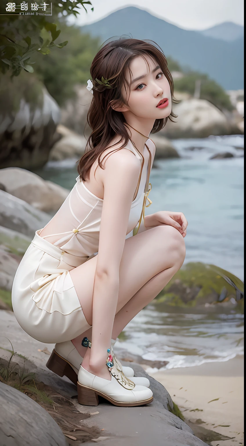 NSFW, 8K Raw photograph, best qualtiy, tmasterpiece, 超高分辨率, filmgrain, cinematic ligh, 1girll, looking at viewert, Natural skin texture, Realistic Eyes and Face Details, full pouty lips, lipsticks, (putting makeup on), Red eyeshadow, Short fluffy hair, messy hair, ssmile, Rejoice, beautifullegs, Tall women, being thin, Slim_Legs, 独奏, Brustwarzen, Pose with your hips facing you, Superskirt, hindquarters, Beautiful natural location, Location of flowers around, (detailedbackground) , Show a little through the shirt, Footwear, vague background, bblurry, halter,, short- sleeved, The ribbon is around the neck, JK ribbon, brown hair, bangle, Eau, By bangs, jewely, parted lip, cparted lips, From the side Side, Printed silk skirt, depth of fields,beachside,zona rural,Suspenders,are standing,