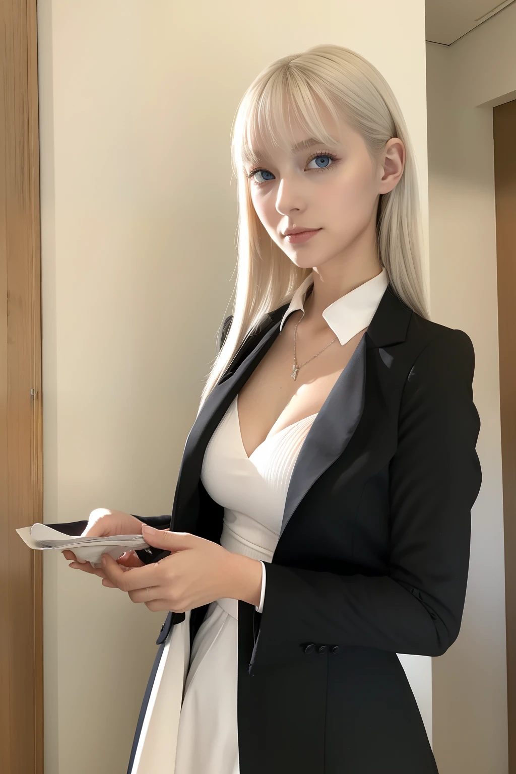 Business suit，Men's suits，A woman of beauty in a fantastic space, Black blazer，Tight micro dress white, 98k, {{Masterpiece}}, Best quality, High quality:1.4), palaces，{{[[front look}}, Photo pose)]], very pretty look face, and very pretty eyes, cute images, cute images, {{Expose the lateral breasts}},, {{{{slim sexy body}}}}, {{{{{{Tall woman}}}}}}, {{177 cm tall}}, 独奏, upper legs, Lovely, Adorable, Pale skin, {{18to 22 years old German girl}}, look beautiful German girl and blue eyes or green eyes with platinum blonde hair color), Nordic German young girl, {{{{{{{{{{cleavage}}}}}}}}}},