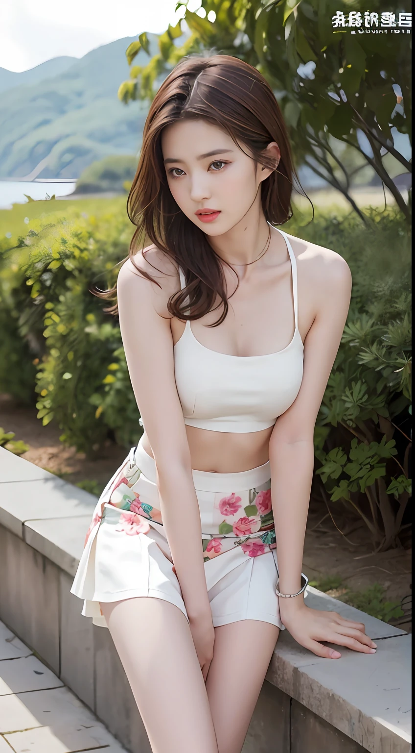 NSFW, 8K Raw photograph, best qualtiy, tmasterpiece, 超高分辨率, filmgrain, cinematic ligh, 1girll, looking at viewert, Natural skin texture, Realistic Eyes and Face Details, full pouty lips, lipsticks, (putting makeup on), Red eyeshadow, Short fluffy hair, messy hair, ssmile, Rejoice, beautifullegs, Tall women, being thin, Slim_Legs, 独奏, Brustwarzen, Pose with your hips facing you, Superskirt, hindquarters, Beautiful natural location, Location of flowers around, (detailedbackground) , Show a little through the shirt, Footwear, vague background, bblurry, halter,, short- sleeved, The ribbon is around the neck, JK ribbon, brown hair, bangle, Eau, By bangs, jewely, parted lip, cparted lips, From the side Side, Printed silk skirt, depth of fields,beachside,zona rural,Suspenders,are standing,
