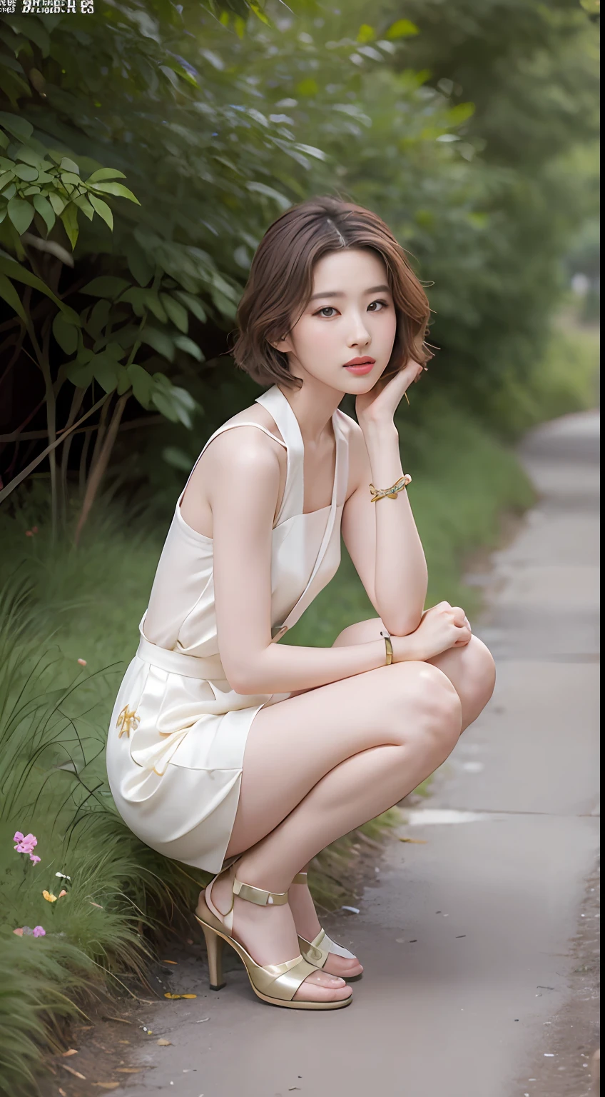 NSFW, 8K Raw photograph, best qualtiy, tmasterpiece, 超高分辨率, filmgrain, cinematic ligh, 1girll, looking at viewert, Natural skin texture, Realistic Eyes and Face Details, full pouty lips, lipsticks, (putting makeup on), Red eyeshadow, Short fluffy hair, messy hair, ssmile, Rejoice, beautifullegs, Tall women, being thin, Slim_Legs, 独奏, Brustwarzen, Pose with your hips facing you, Superskirt, hindquarters, Beautiful natural location, Location of flowers around, (detailedbackground) , Show a little through the shirt, Footwear, vague background, bblurry, halter,, short- sleeved, The ribbon is around the neck, JK ribbon, brown hair, bangle, Eau, By bangs, jewely, parted lip, cparted lips, From the side Side, Printed silk skirt, depth of fields,beachside,zona rural,Suspenders,are standing,