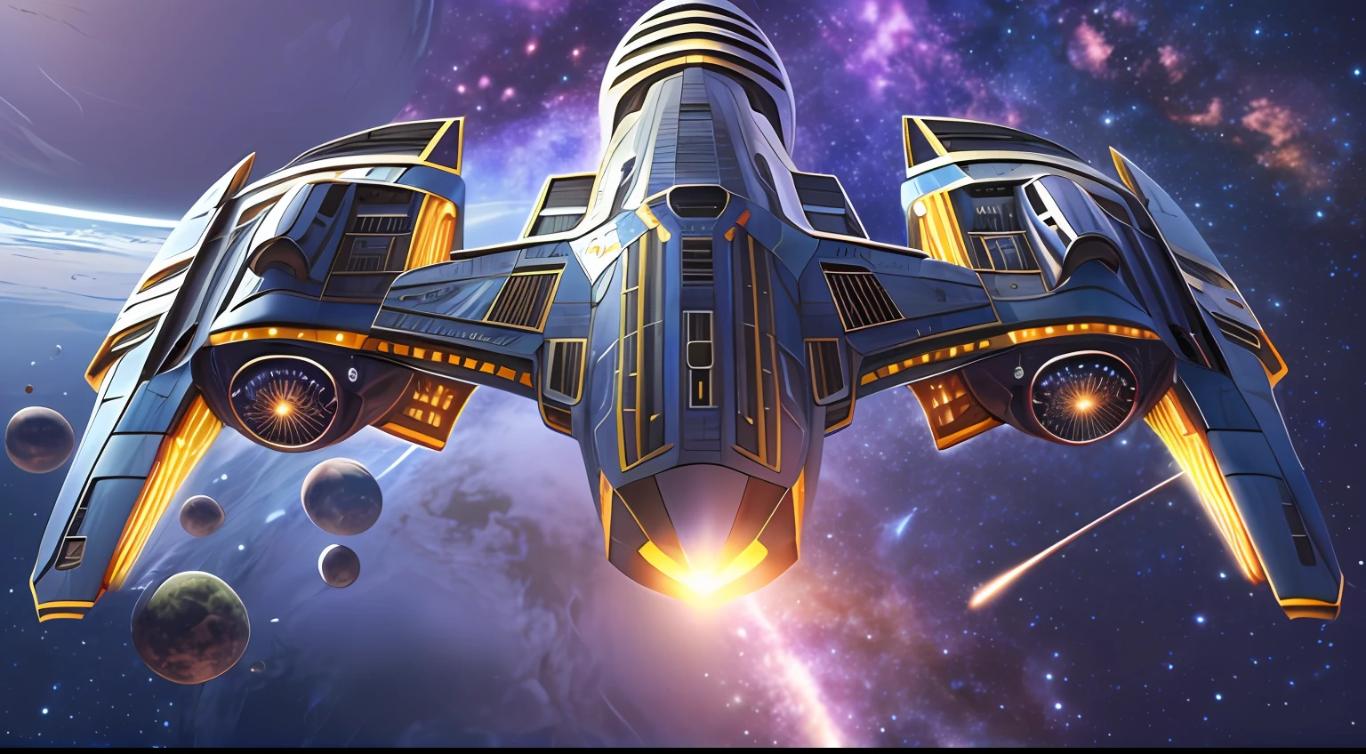 Starship，Random shape，The future is full of technology，Complex symmetrical structure，Ultra-detailed graphics，LED lights flashing，（Starships have a strong metallic sheen：1.3），Cockpit exterior，Close-up of medium and near，Silvertone，Streamlined，space scene：1.3，（（（Fly through the universe，Earth background：1.3））），rendering by octane，Ultra photo realsisim，hyper realisitc，A masterpiece of science fiction，Cinematic texture，hyper photorealism，Premium wallpapers，Master masterpieces，offical wallpaper.（Screen Living：1.3），3D,C4D, --v6