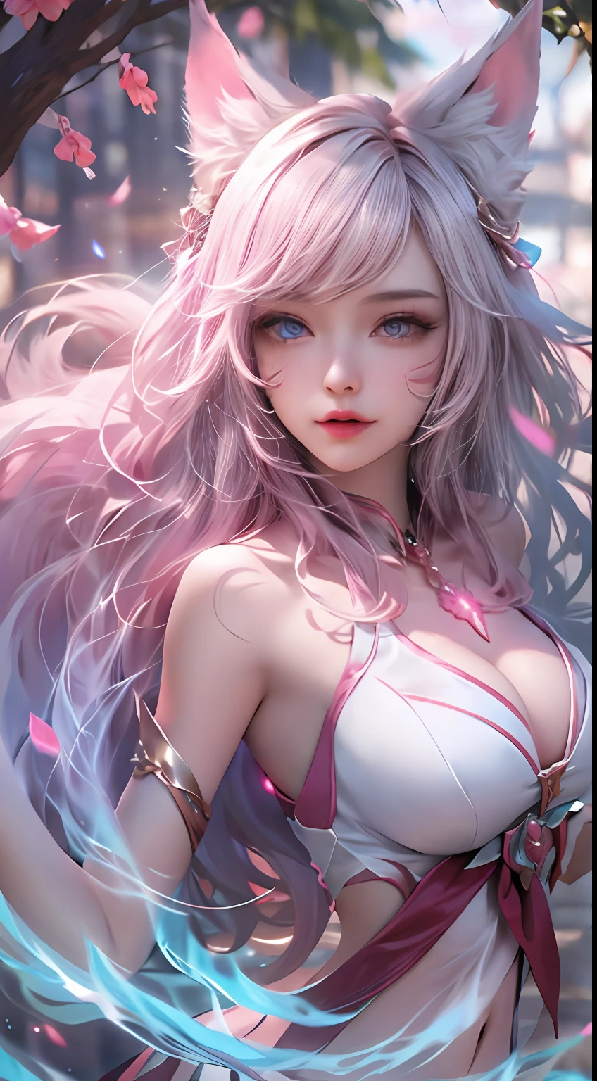 ahri，league of legend，Vastaya，kyuubi，Fox ears white hair girl，Nine-tails exposed，Raised sexy，Charming，Seductive eyes，(full bodyesbian，floating in air，Raise the large magic energy ball with both hands)，Exude power，Long flowing and fluffy hair，aura of power，eBlue eyes，(Combat posture，Battle background:1.1)，8K，Complicated details