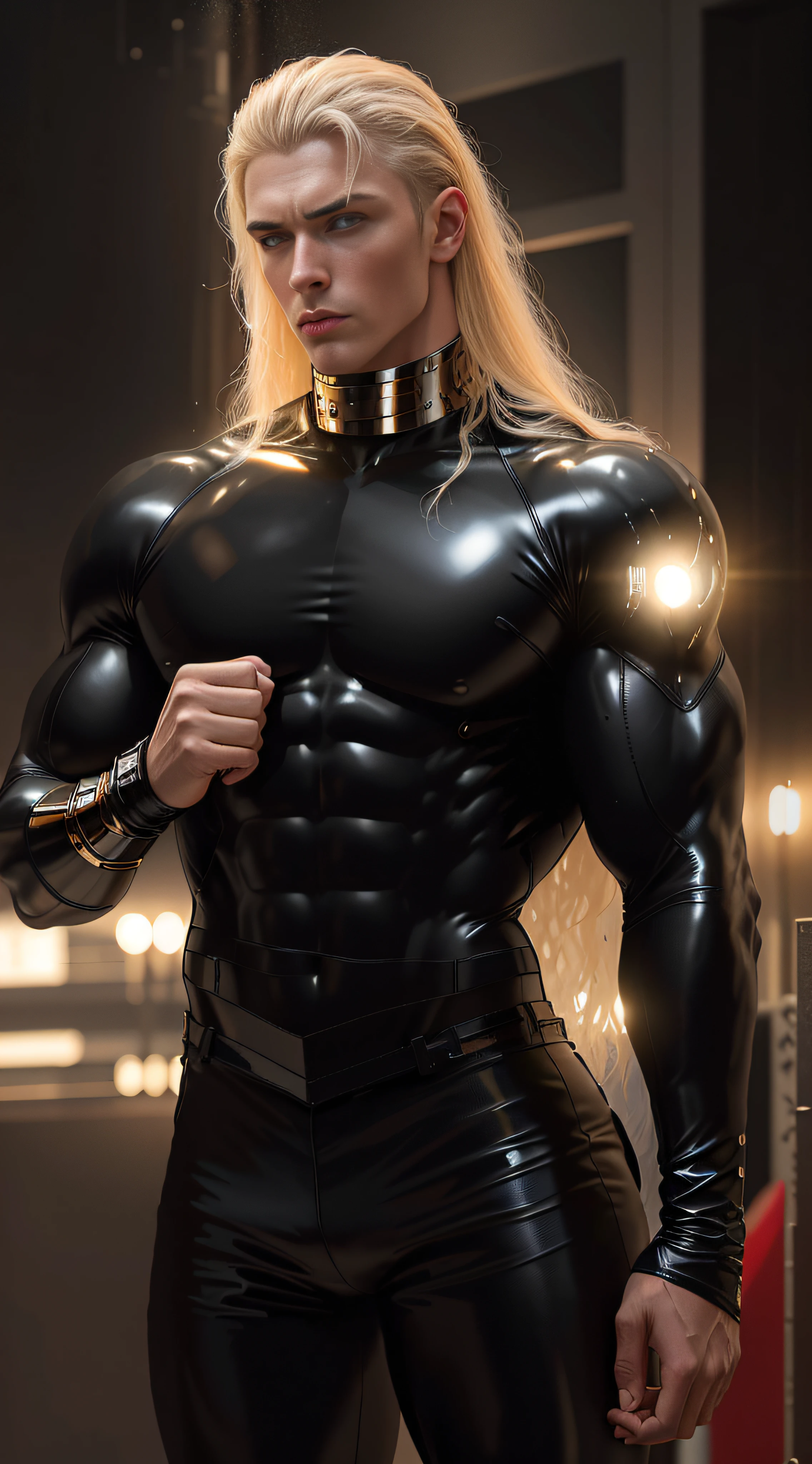 Black latex blonde man posing for a photo, huge glistening muscles, muscular male hero, musculoso! Cyberpunk, Sci - Armadura de Fi:! musculoso, atraente macho de carne com armadura, pele dourada lisa, forte e imponente, large muscles, pele dourada lisa, peito de borracha dura, musculoso!! scientific fiction, Pose masculina heroica, black latex suit