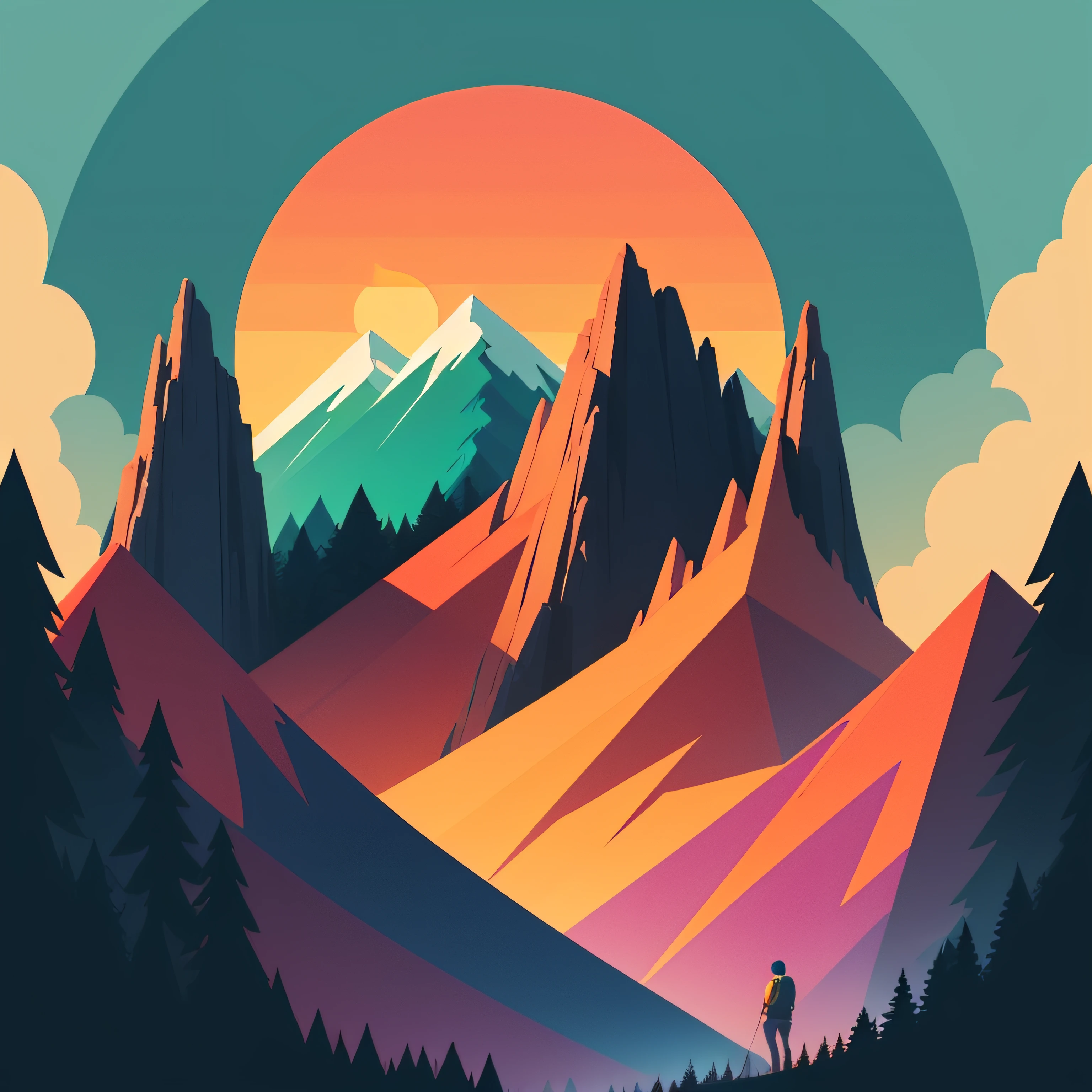 artwork of t-shirt graphic design, flat design of a trekker in the lush forest, mountains, colorful shades, highly detailed clean, vector image, photorealistic masterpiece, professional photograph, simple sunrise backdrop for monster, flat white background, isometric, vibrant vector