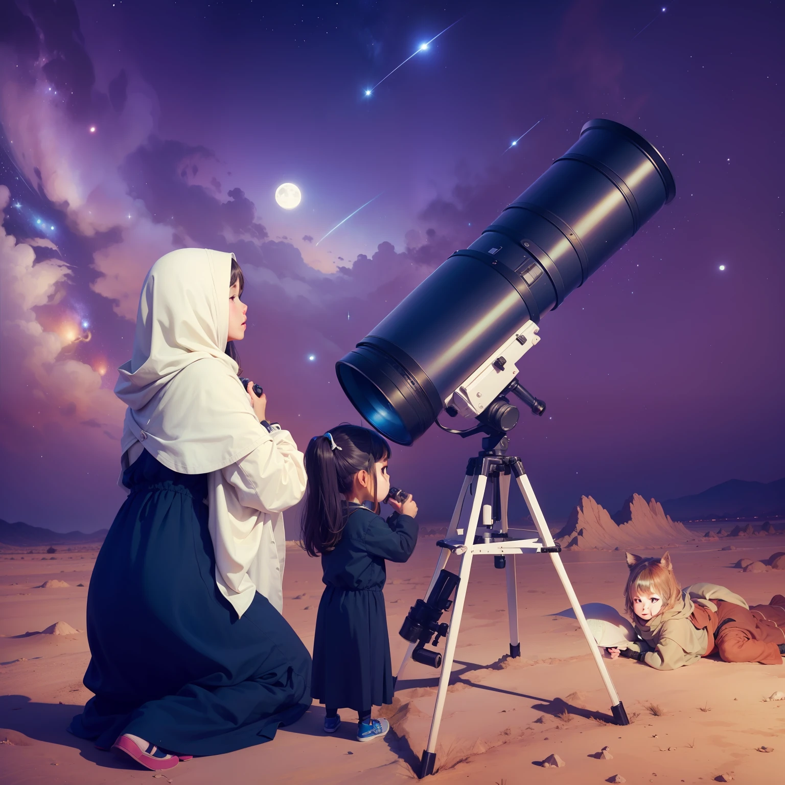 A woman from Arafed and a little girl looking through a telescope, telescope, Predicting the future, Watch the stars, Regarder le ciel, Planets visible in the sky, Regardez au loin, astronomie, astronomique, Regarder la lune, Regarder dans le cosmos, astrophotographie, In Search of the Stars, Watch the stars, Photographie fine en plein air