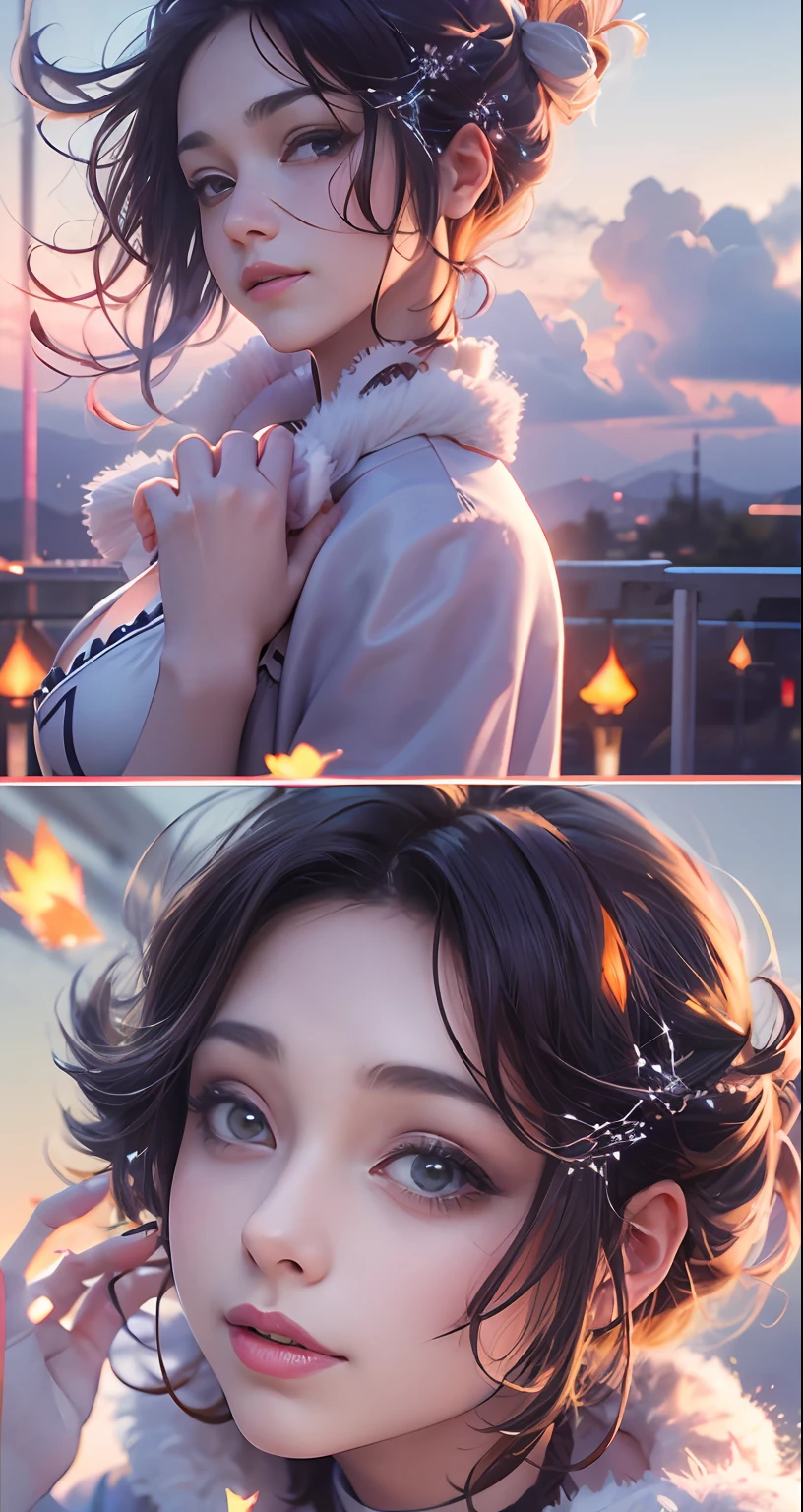 tmasterpiece,best qualtiy,cinematic Film still from,1girl,Cloud Girl,Floating in the sky,Flowing costumes,closeup cleavage,brightly,cheerfulness,Warm and soft lighting,the sunset,(spark of light:0.7)