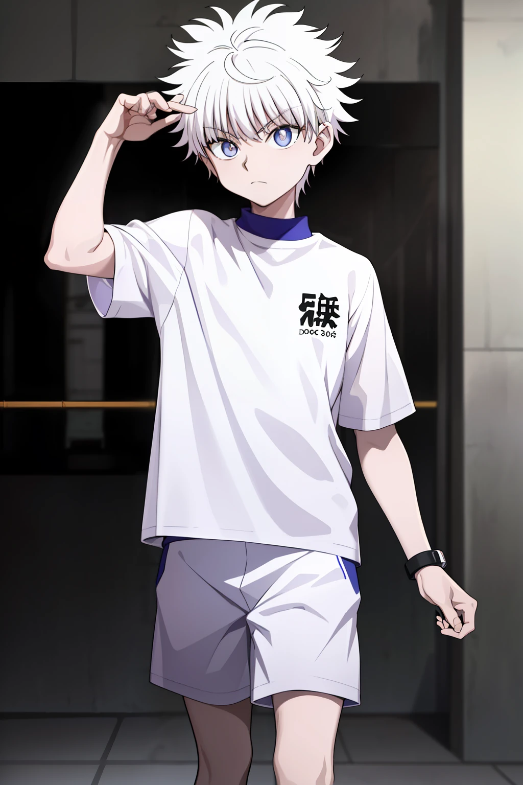 killua_zoldyck,
Quality: highres, top quality, stunning art, detailed
Character details: 1boy, male focus, solo, wide-eyed, constricted pupils
Clothing 3: white shirt, gym uniform, gym shirt, short sleeves, gym yellow shorts
Situation: 
Location: