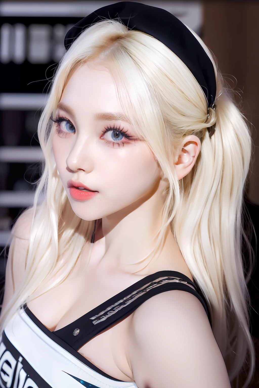 (8k, 4k, best quality, highres, ultra high res:1.1), (masterpiece, realistic, photo-realistic:1.1), 1girl,  face, close-up, twintails, blonde hair, black eyes, red lips,  (looking at viewer:2), absurdly long hair, long eyelashes, eyeshadow,  small face, big eyes,
bare shoulders,
high contrast,